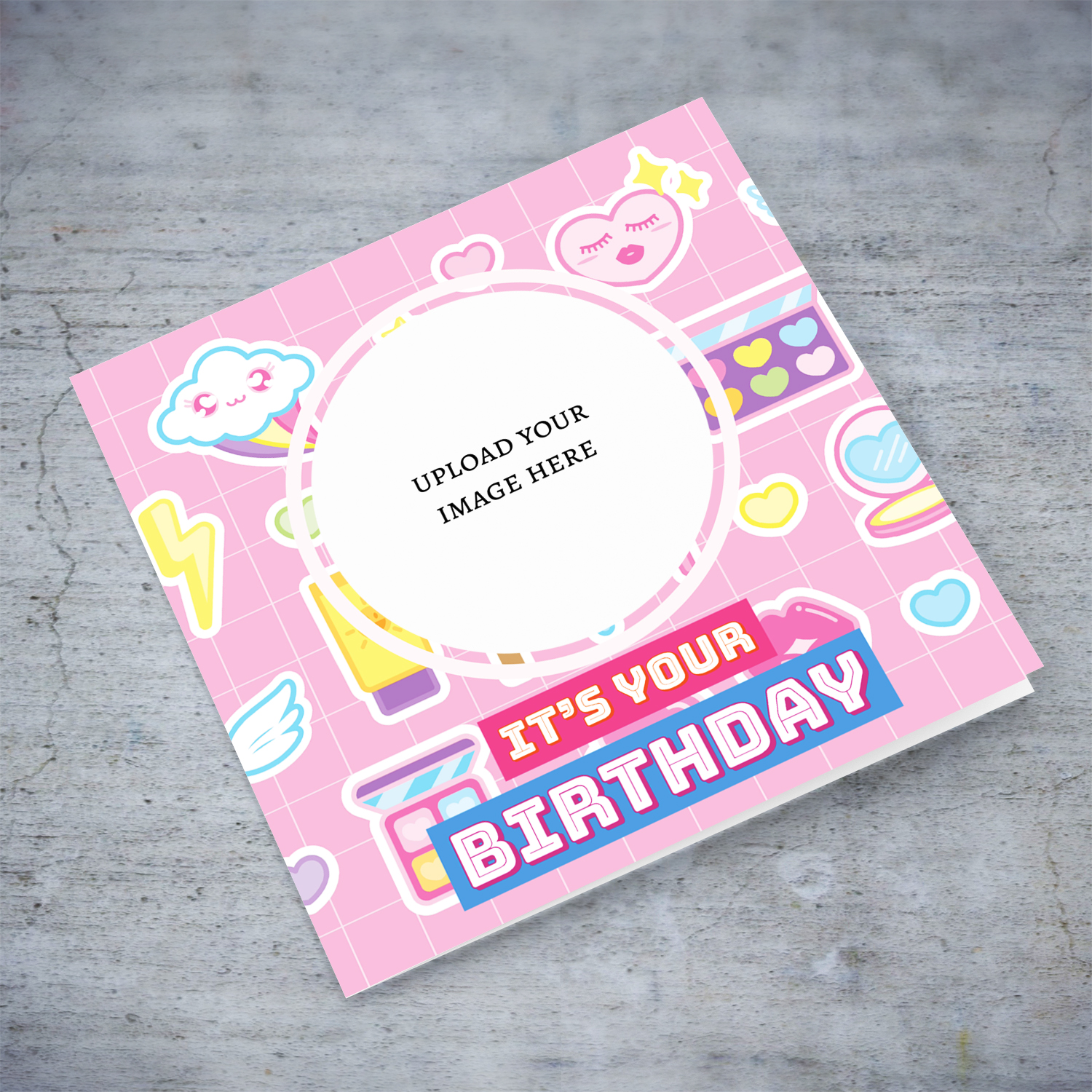 A beautiful, colourful, makeup themed birthday photo card in English