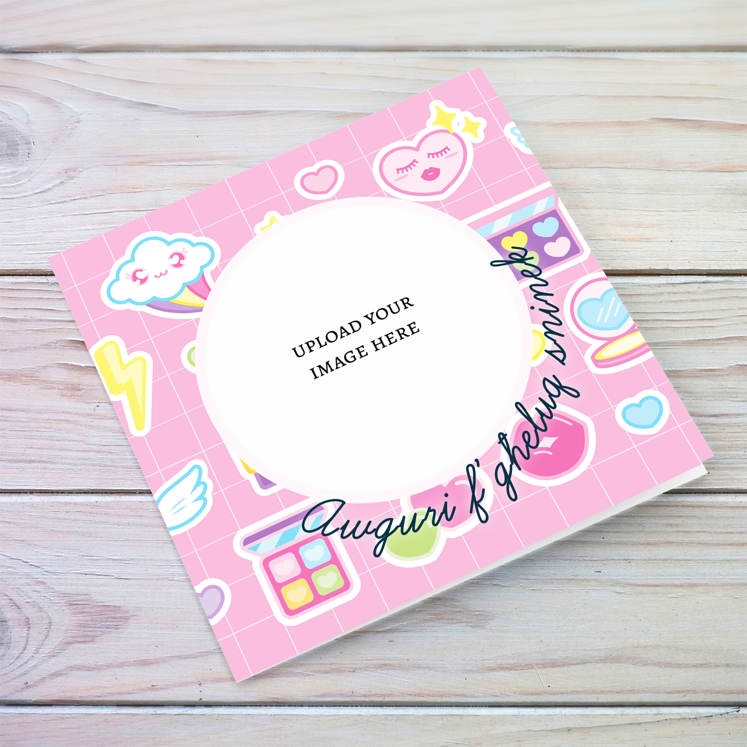 A beautiful, colourful, makeup themed birthday photo card in Maltese