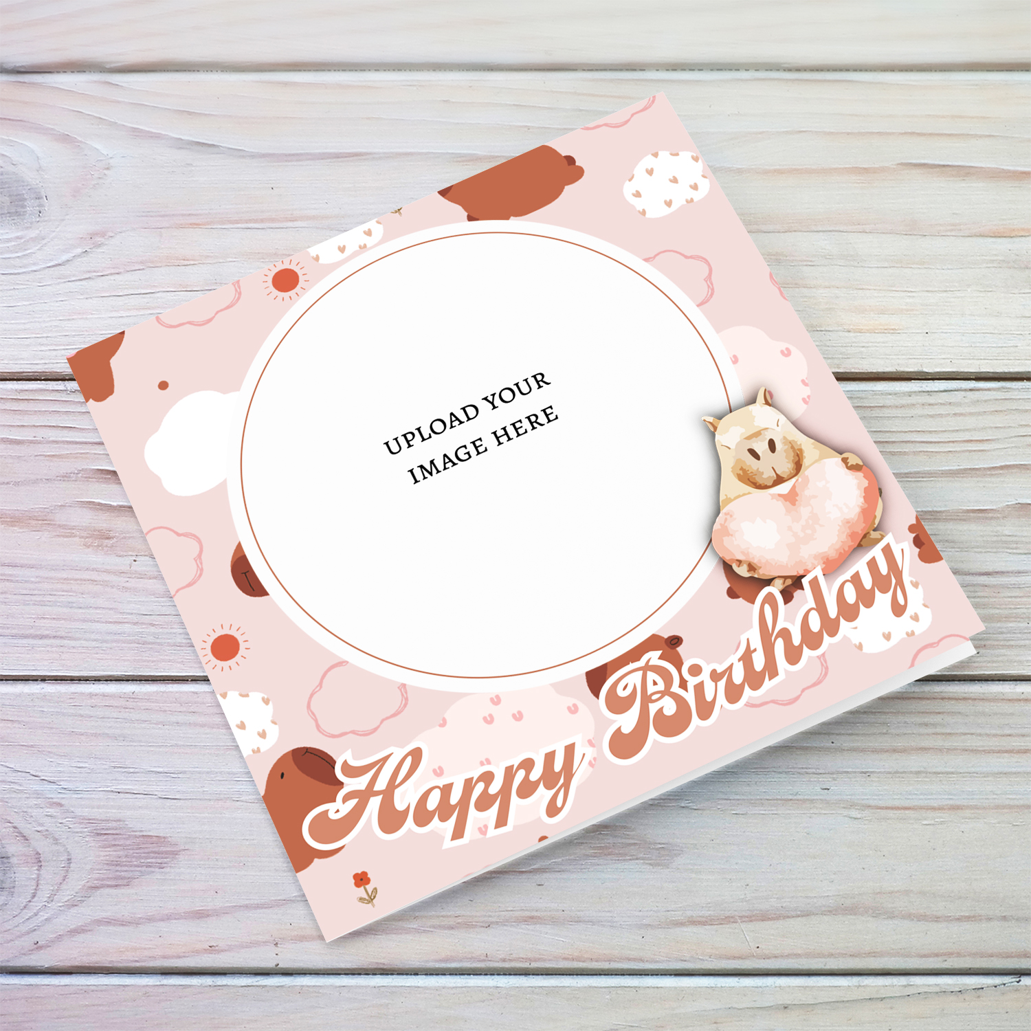 A cute pink capybara themed photo birthday card in English
