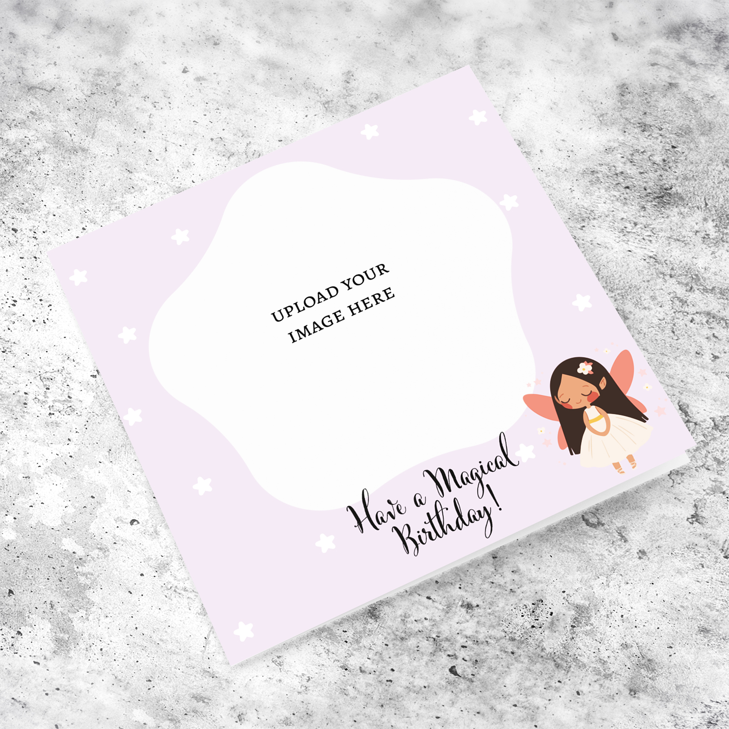 A cute photo birthday card in light pink / purple background, with scattered white stars and the cutest of fairies in English 