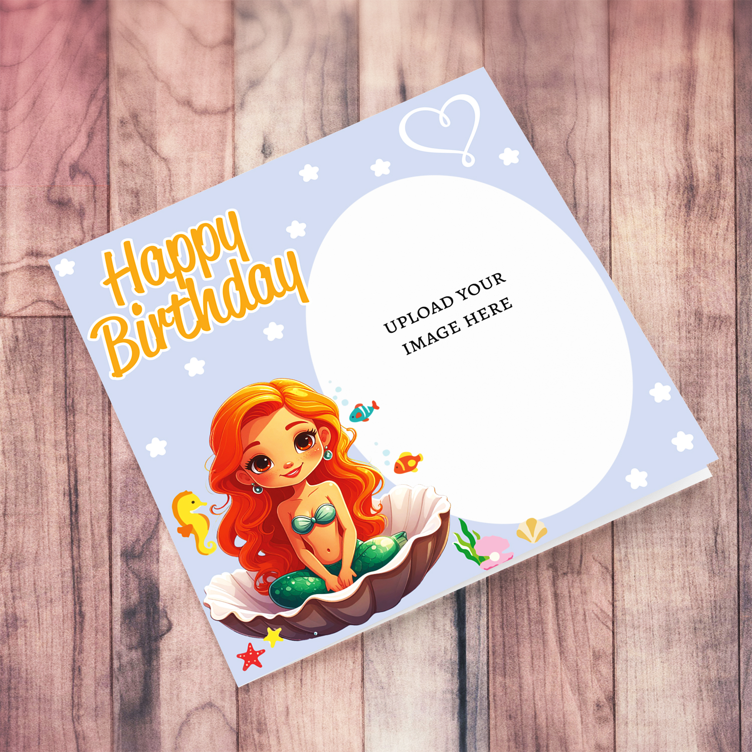 A photo birthday card for girl/s / TWINS with a cute mermaid, sitting in an oyster shell in Maltese