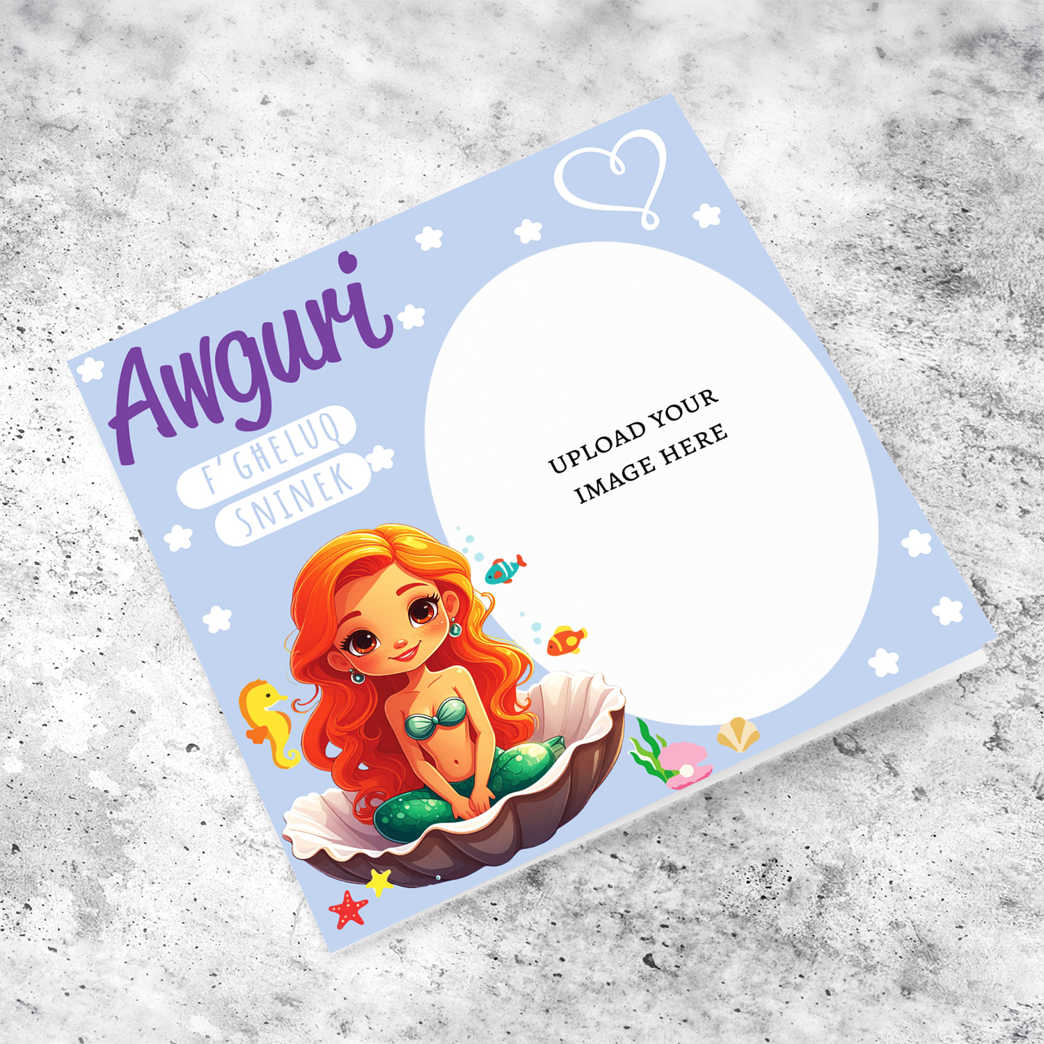 A photo birthday card for a girl with a cute mermaid, sitting in an oyster shell in Maltese
