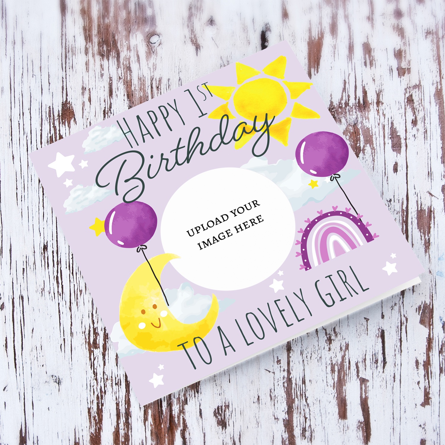 A purple circle shaped photo 1st birthday card for a lovely girl with the moon, sun, balloons & rainbow in English