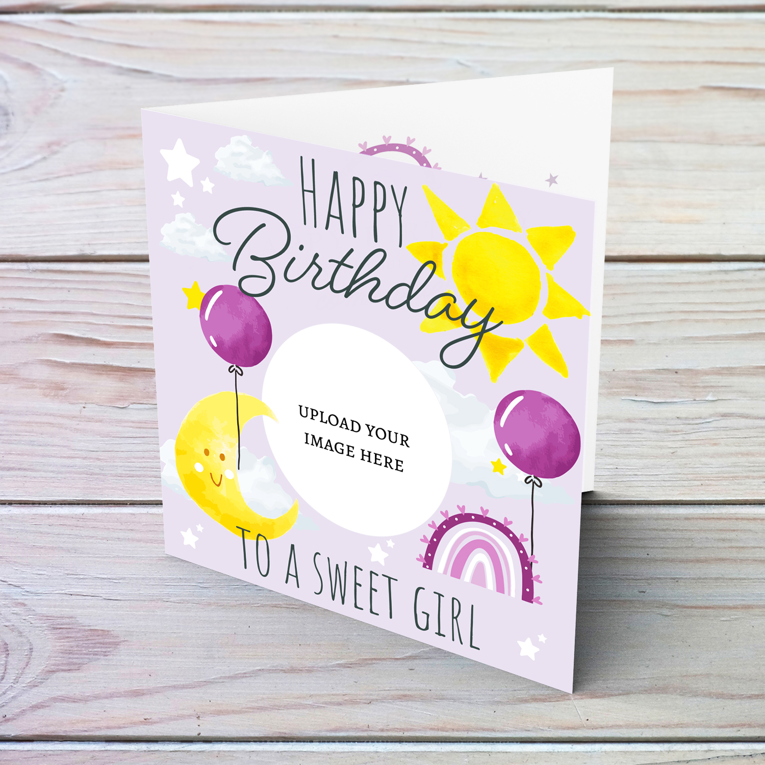 A purple circle shaped photo birthday card for a sweet girl with the moon, sun, balloons & rainbow in English