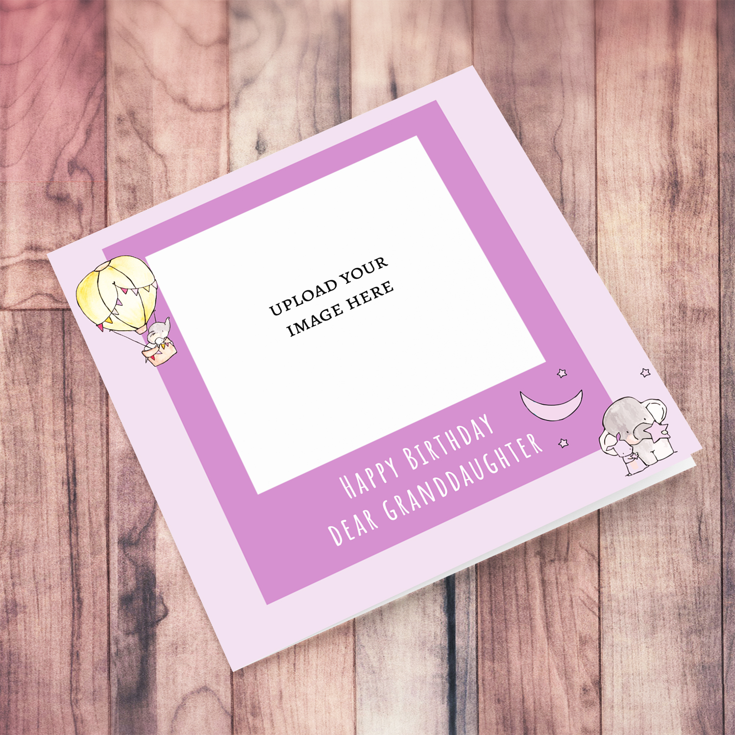 A photo birthday card for granddaughter's birthday with cute elephants in shades of pink and purple background in English