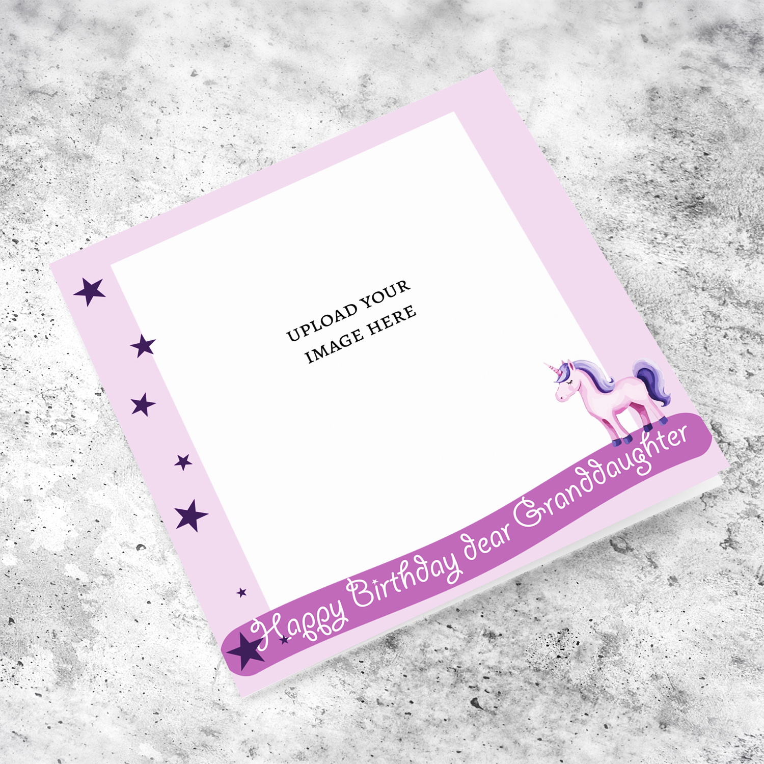 A cute photo birthday card with unicorn and stars in lilac background colour - for granddaughter in English