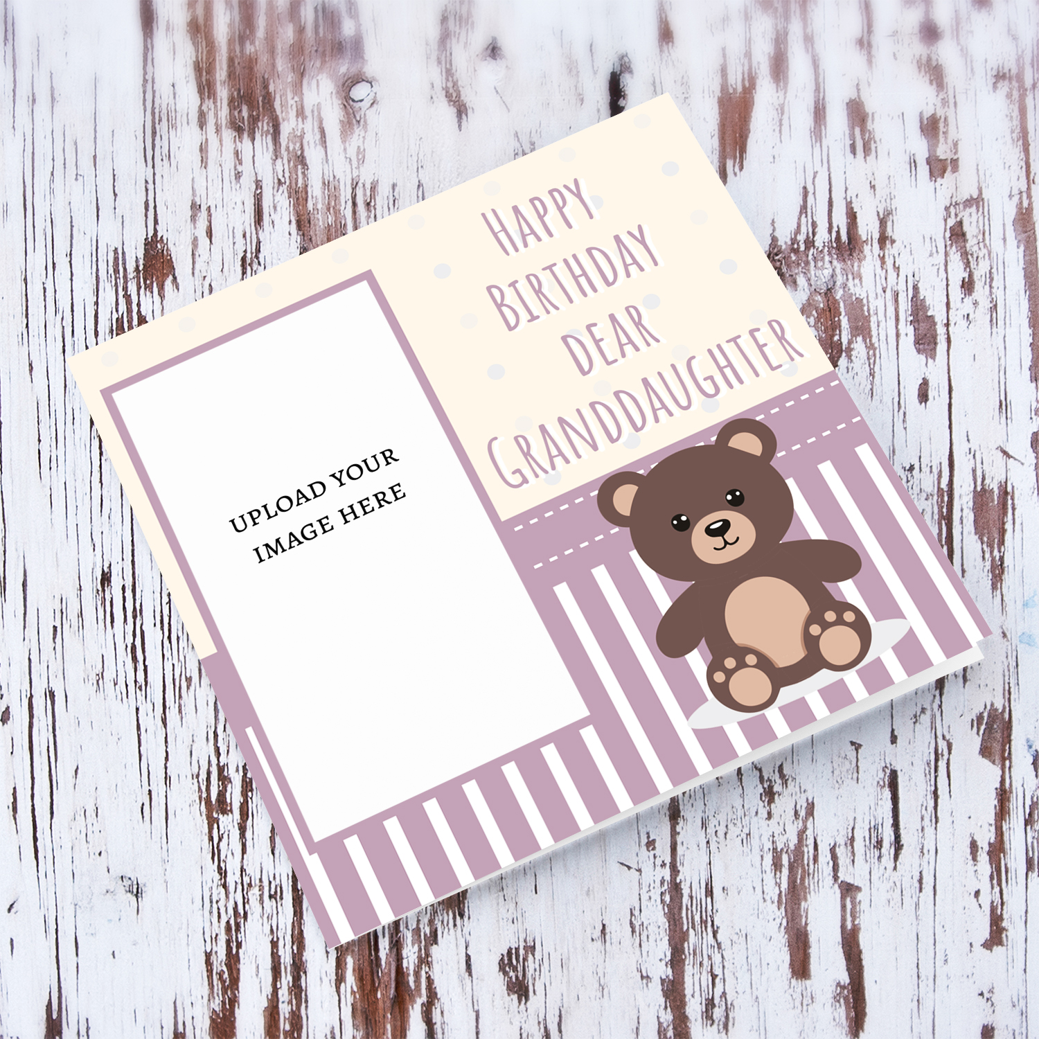 A cute photo card for granddaughter's first birthday in spotted light cream background and shades of pink and white in English