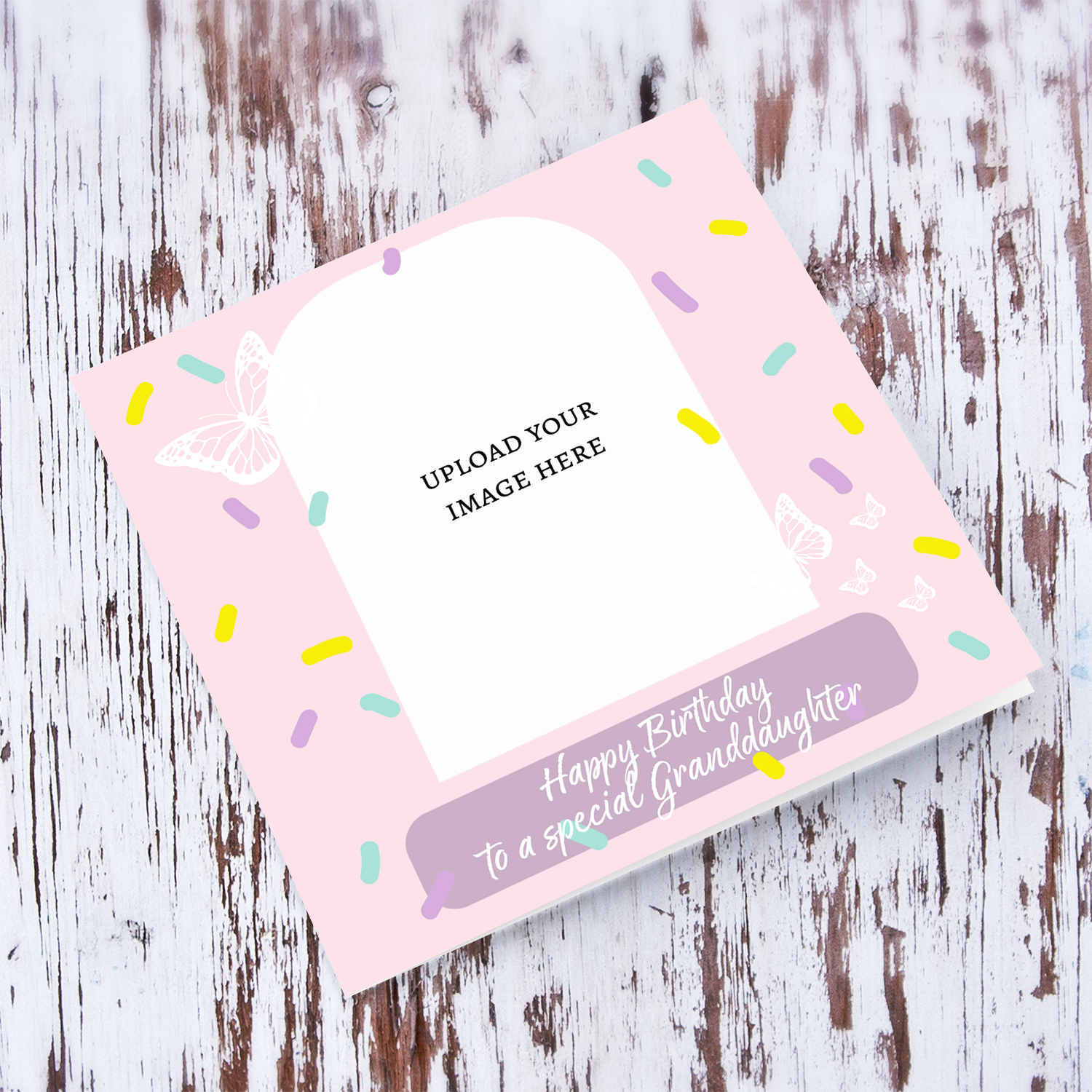 A beautiful photo birthday card for granddaughter, in pink background, colourful confetti and scattered white butterflies in English
