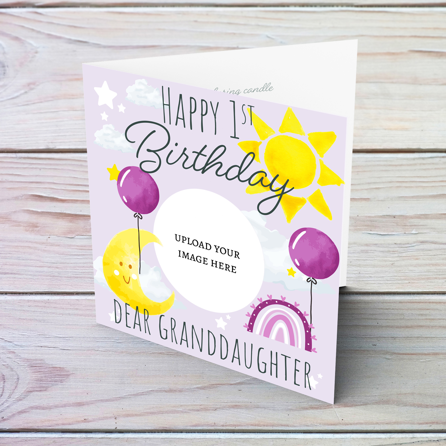 A purple circle shaped photo 1st birthday card for granddaughter with the moon, sun, balloons & rainbow in English