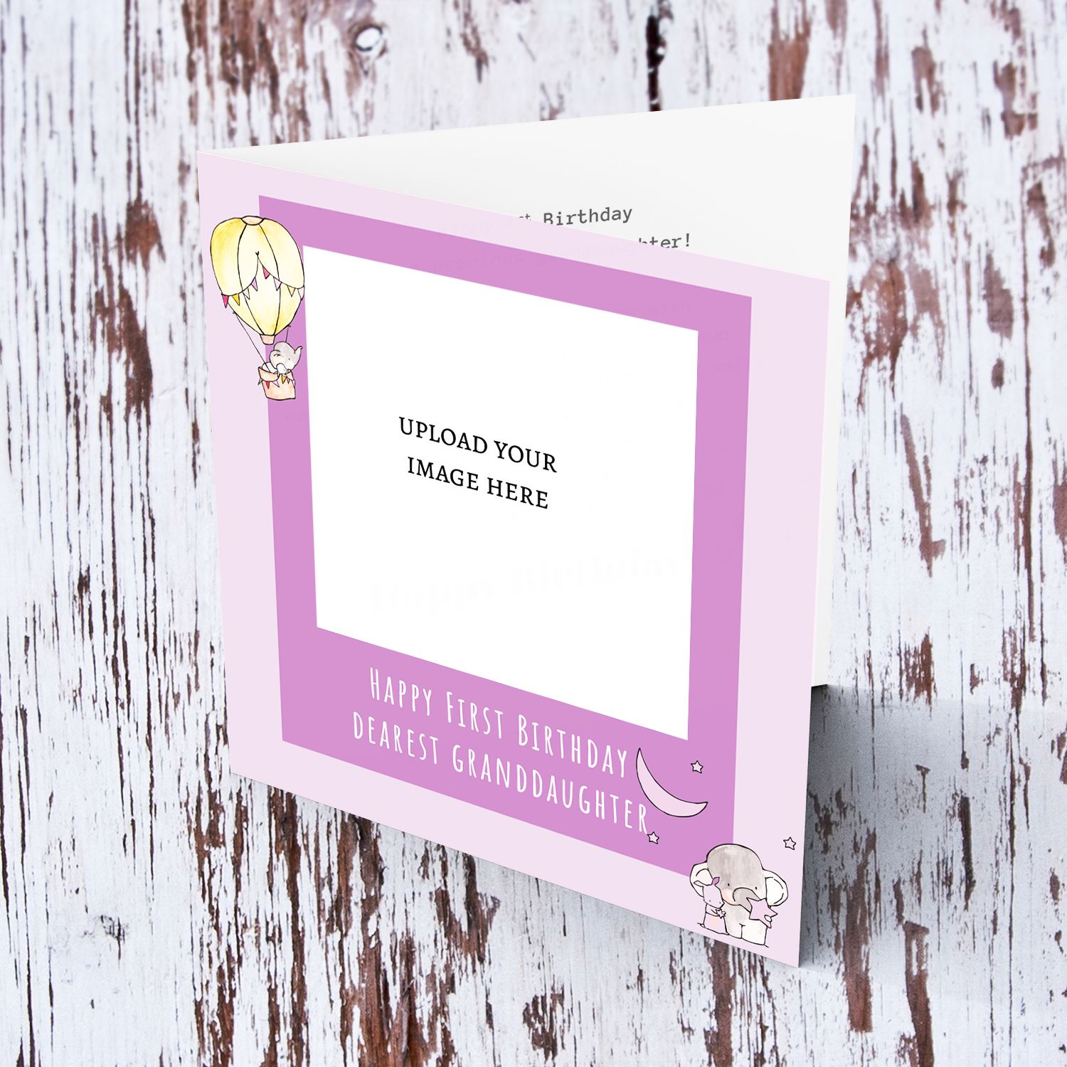 A photo birthday card for granddaughter's first birthday with cute elephants in shades of pink and purple background in English