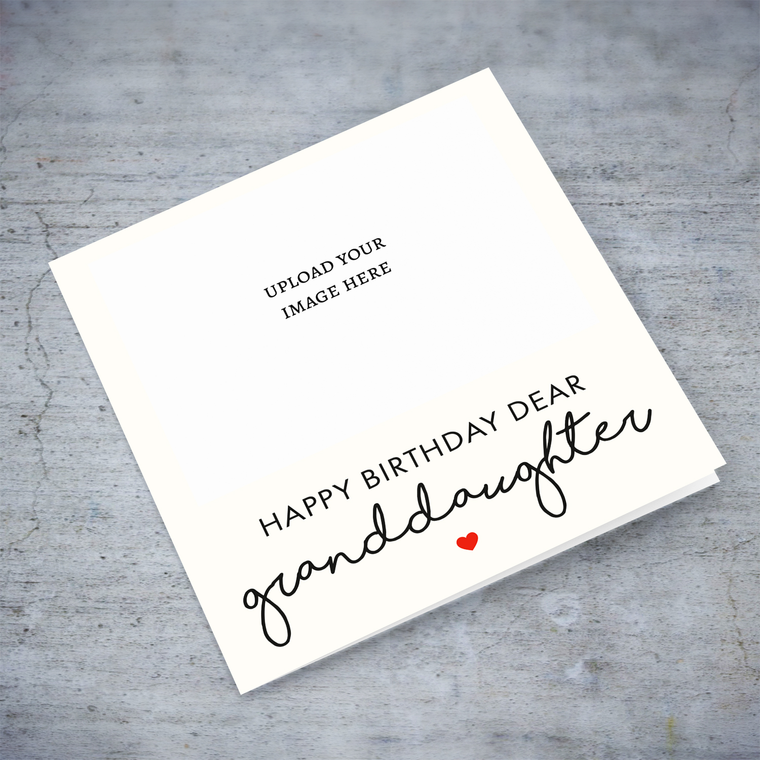 Minimalist photo birthday card for granddaughter with cream background and red heart in English