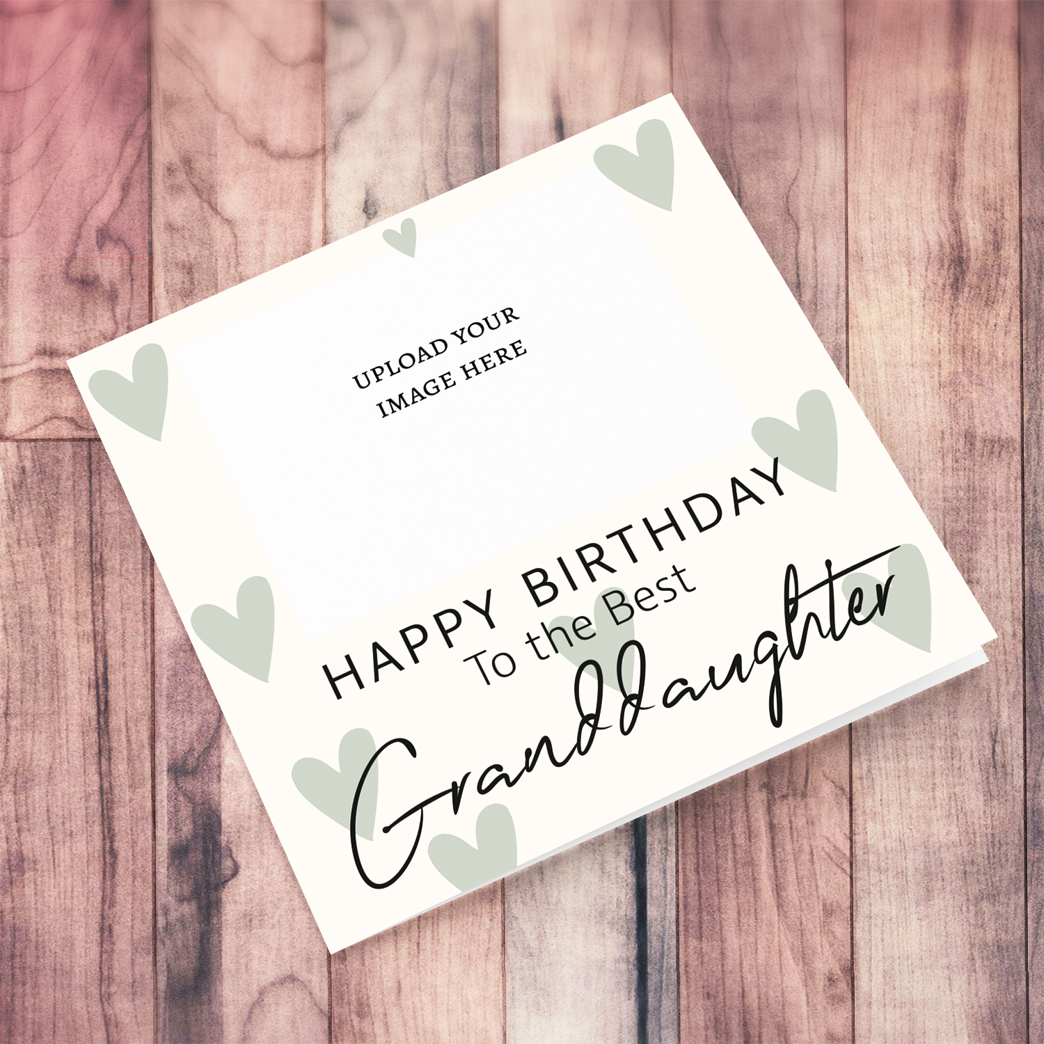 A photo birthday card for Granddaughter in a cream background with scattered pastel green hearts in English