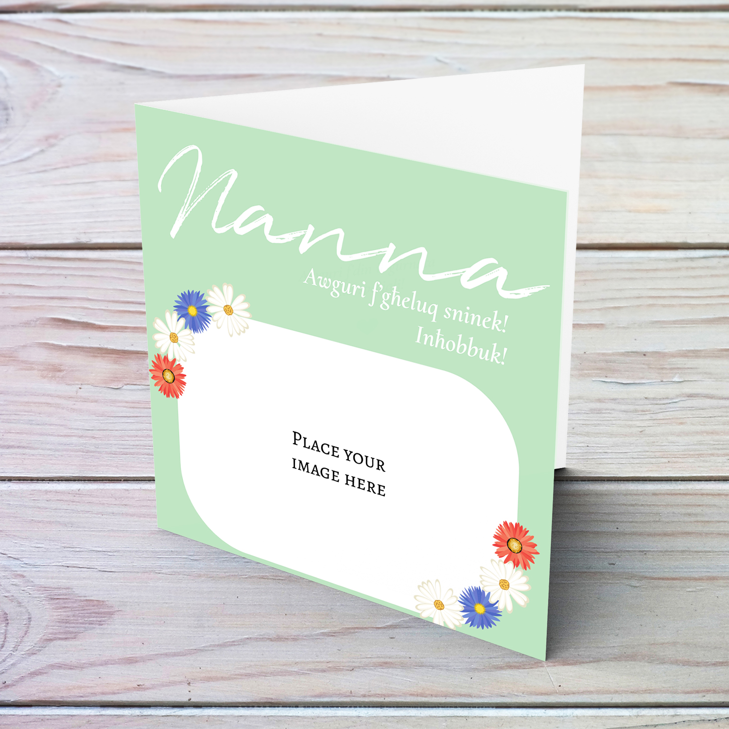 Photo birthday card for grandma / nanna in mint coloured background, white text and floral border near photo in Maltese 
