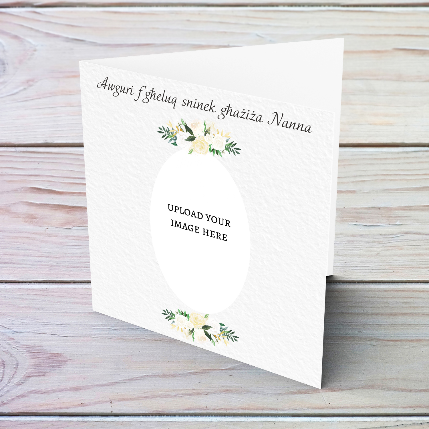 A petite photo birthday card for Grandma with white florals in Maltese