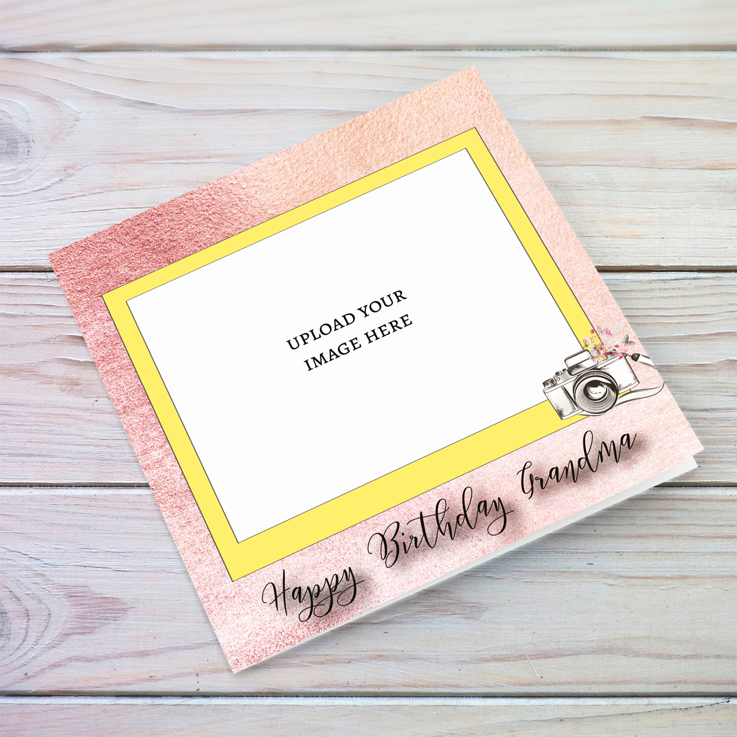 Photo birthday card for Grandma in pink background and yellow photo frame in English