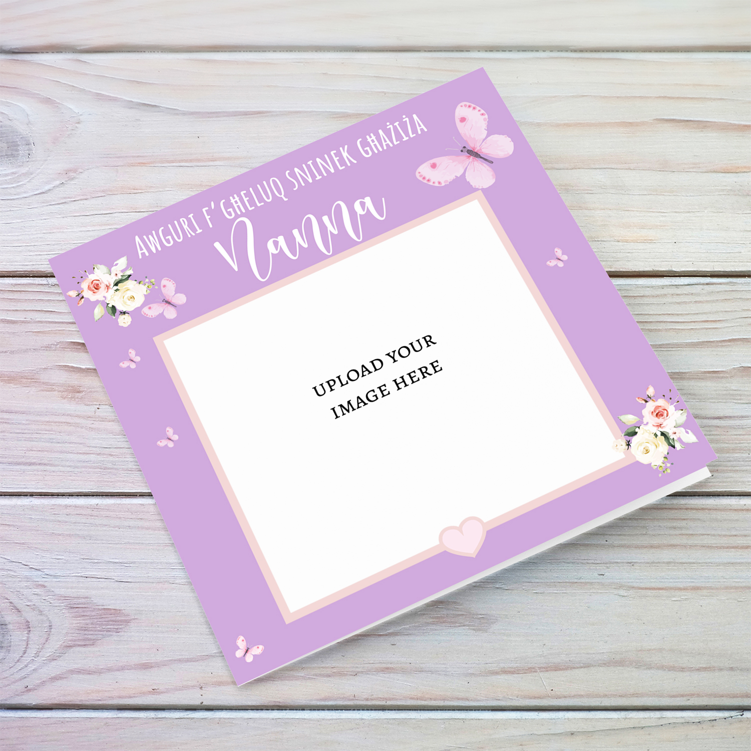 Photo birthday card for Grandma in purple background, butterflies, and flowers in Maltese