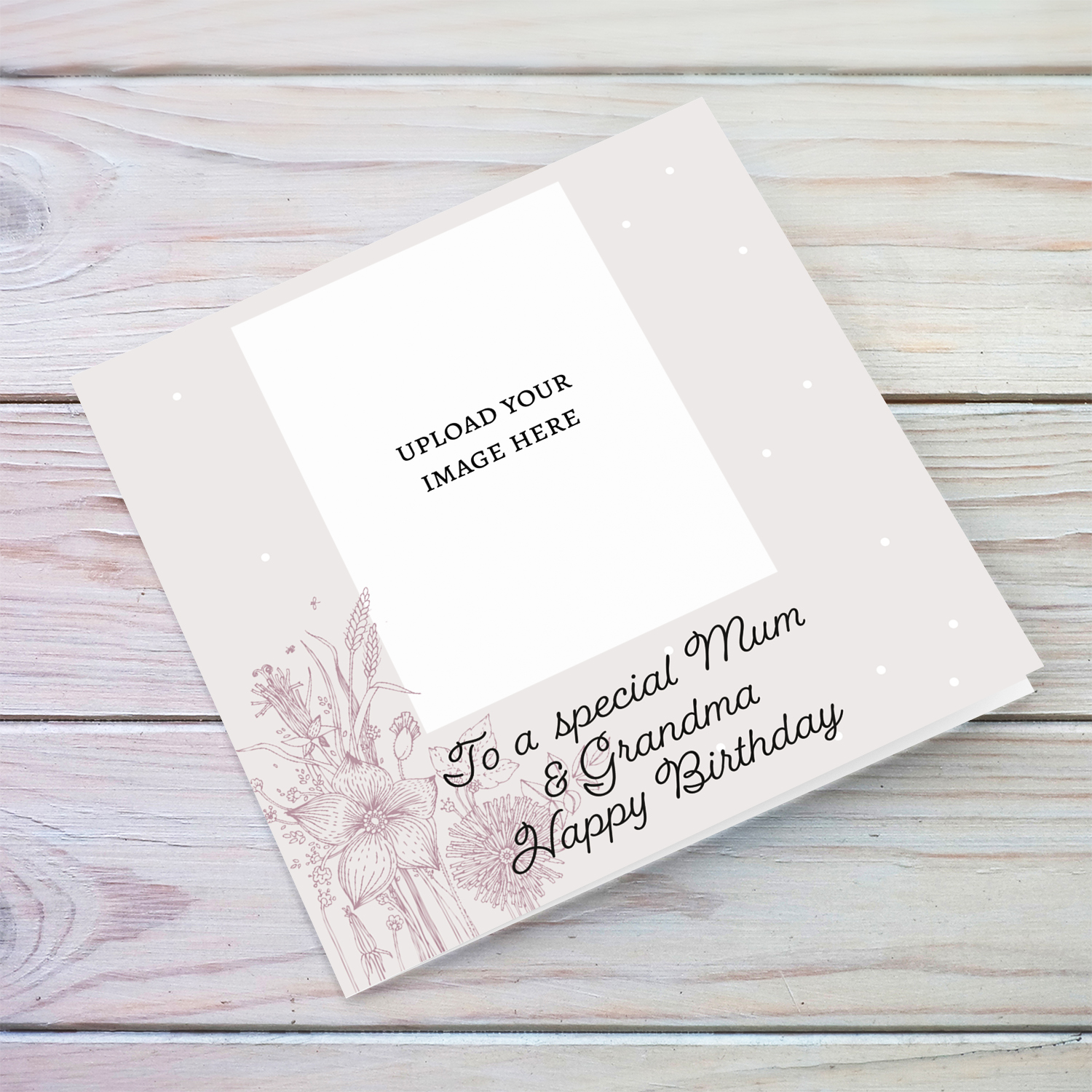 Neutral colour photo birthday card with flowers to Mum & Grandma in English