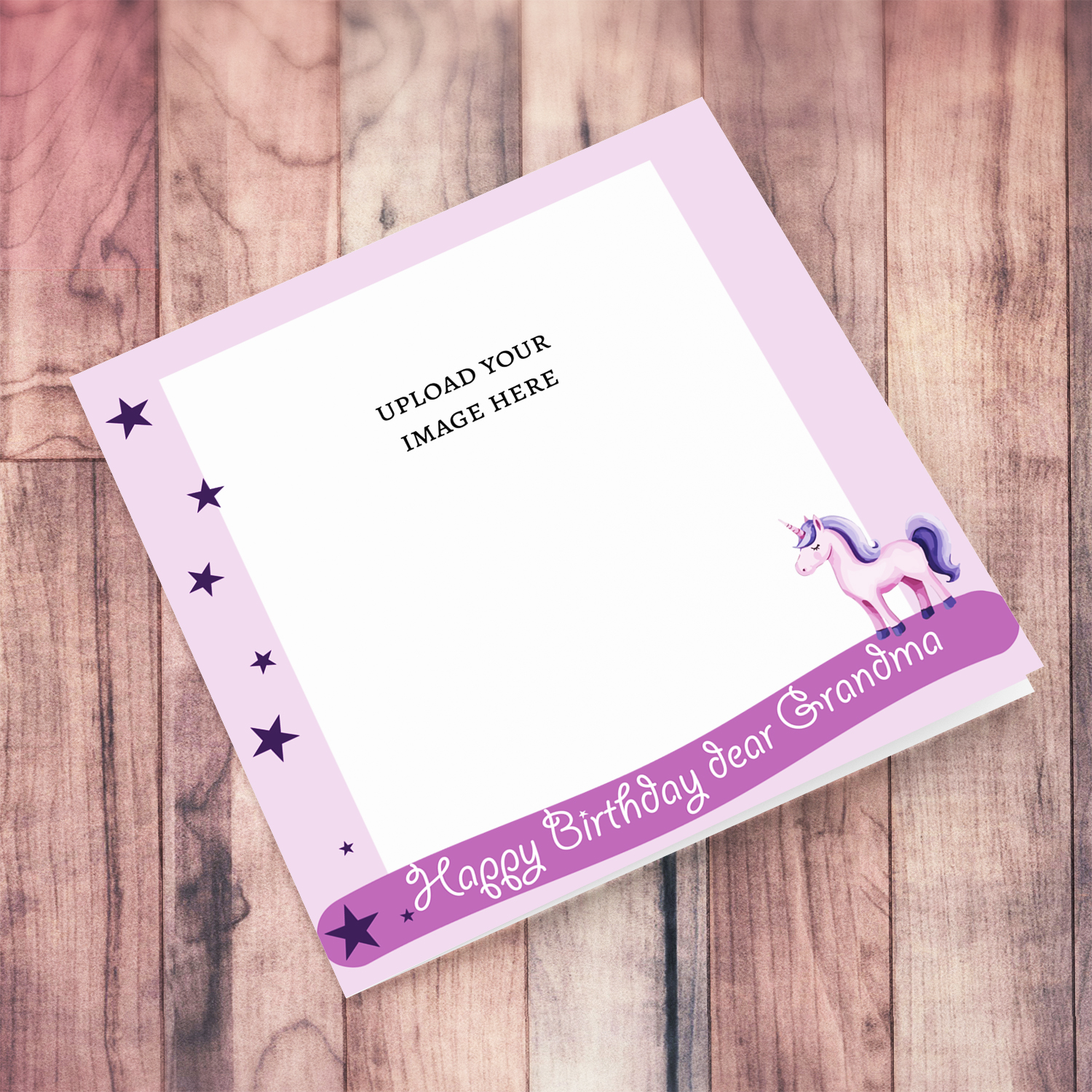 A cute photo birthday card with unicorn and stars in lilac background colour - for grandma in English