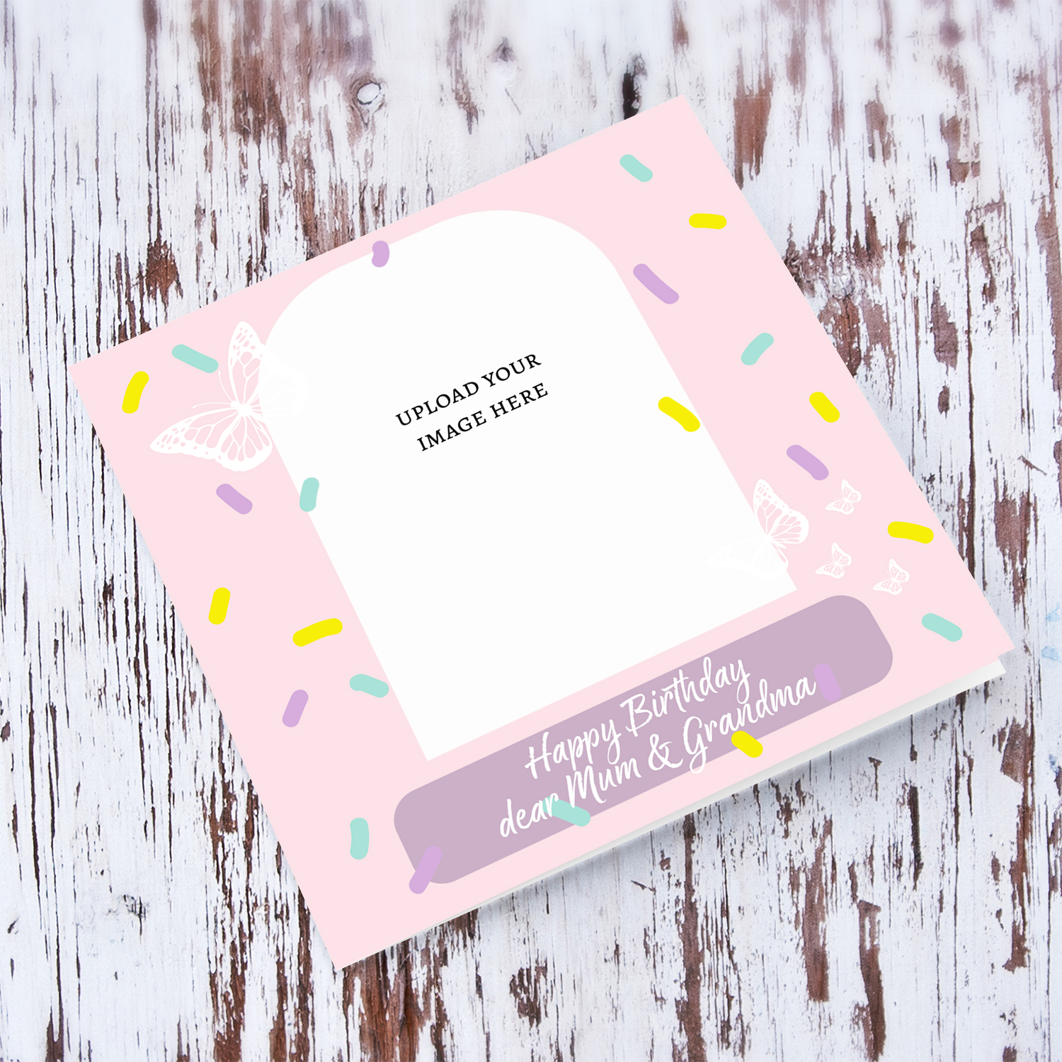 A beautiful photo birthday card for Mum & Grandma, in pink background, colourful confetti and scattered white butterflies in English