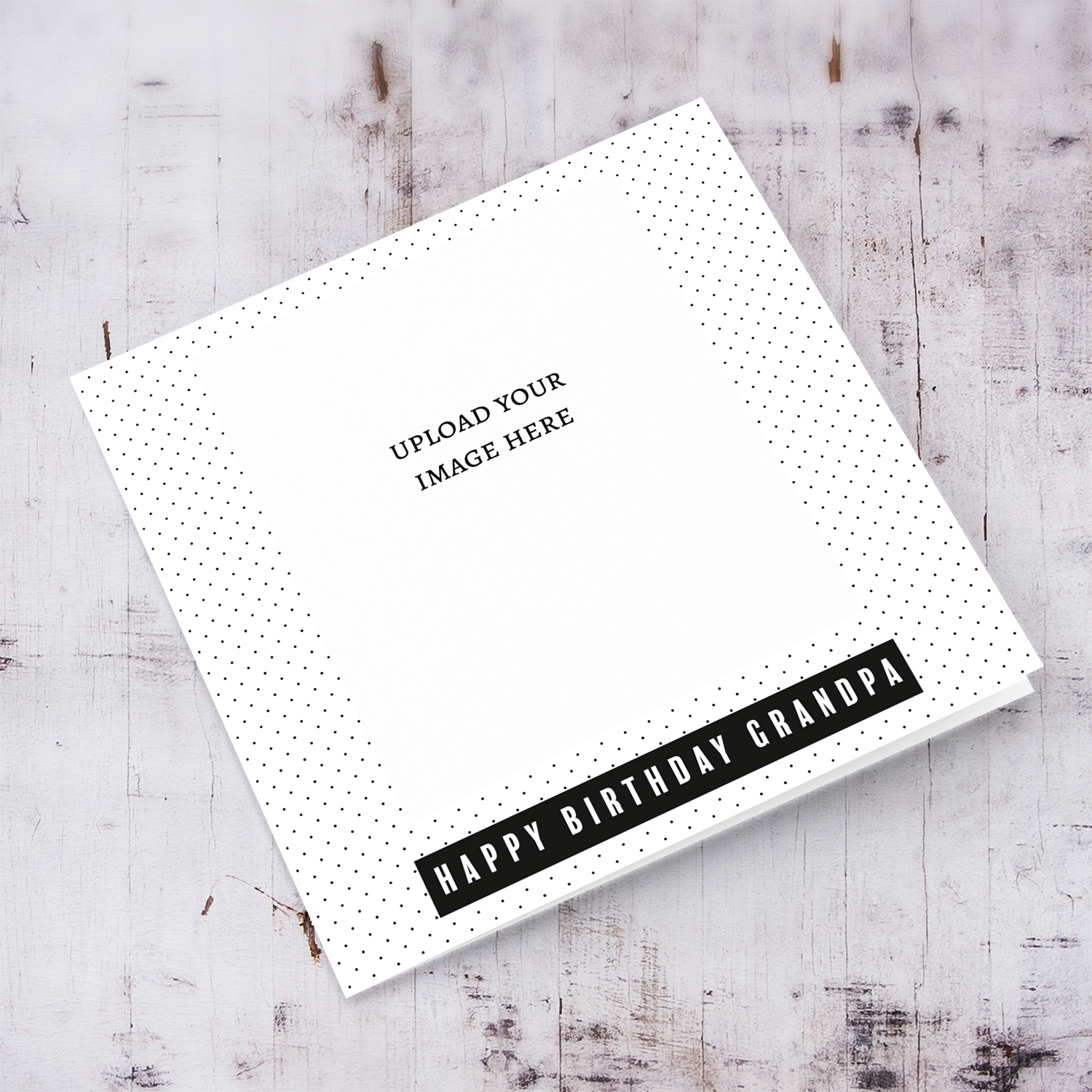 Monochrome photo birthday card for Grandpa in plain spotted background and black touch & white text in English