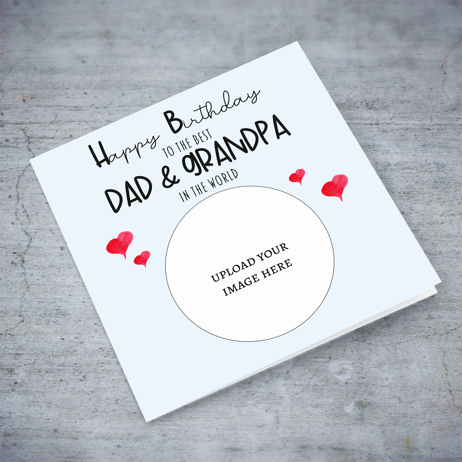 A light blue coloured photo birthday card to the best dad & grandpa in the world with small red hearts in English (2 in 1)