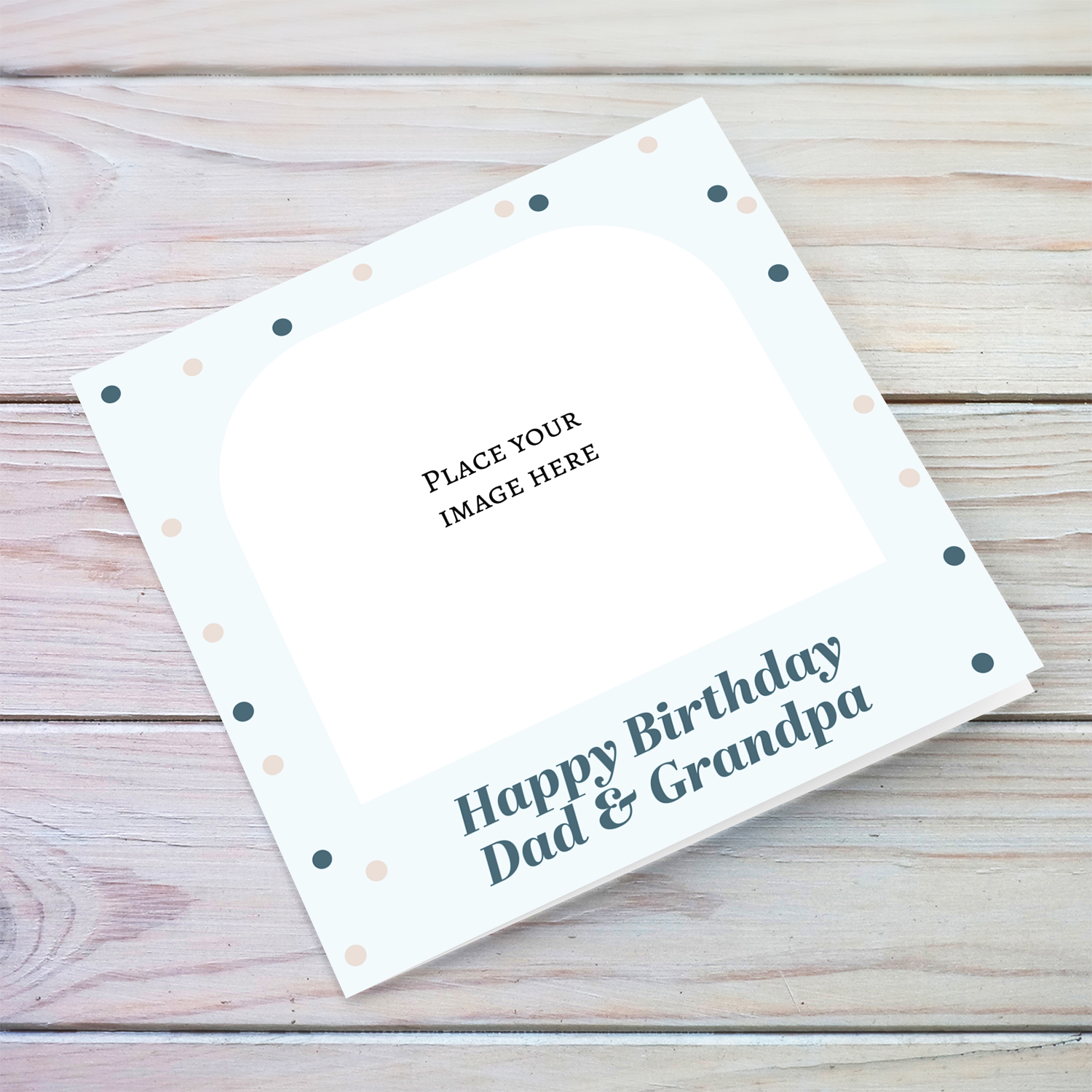 Photo birthday card for dad and grandpa in light blue coloured background and scattered dots in English