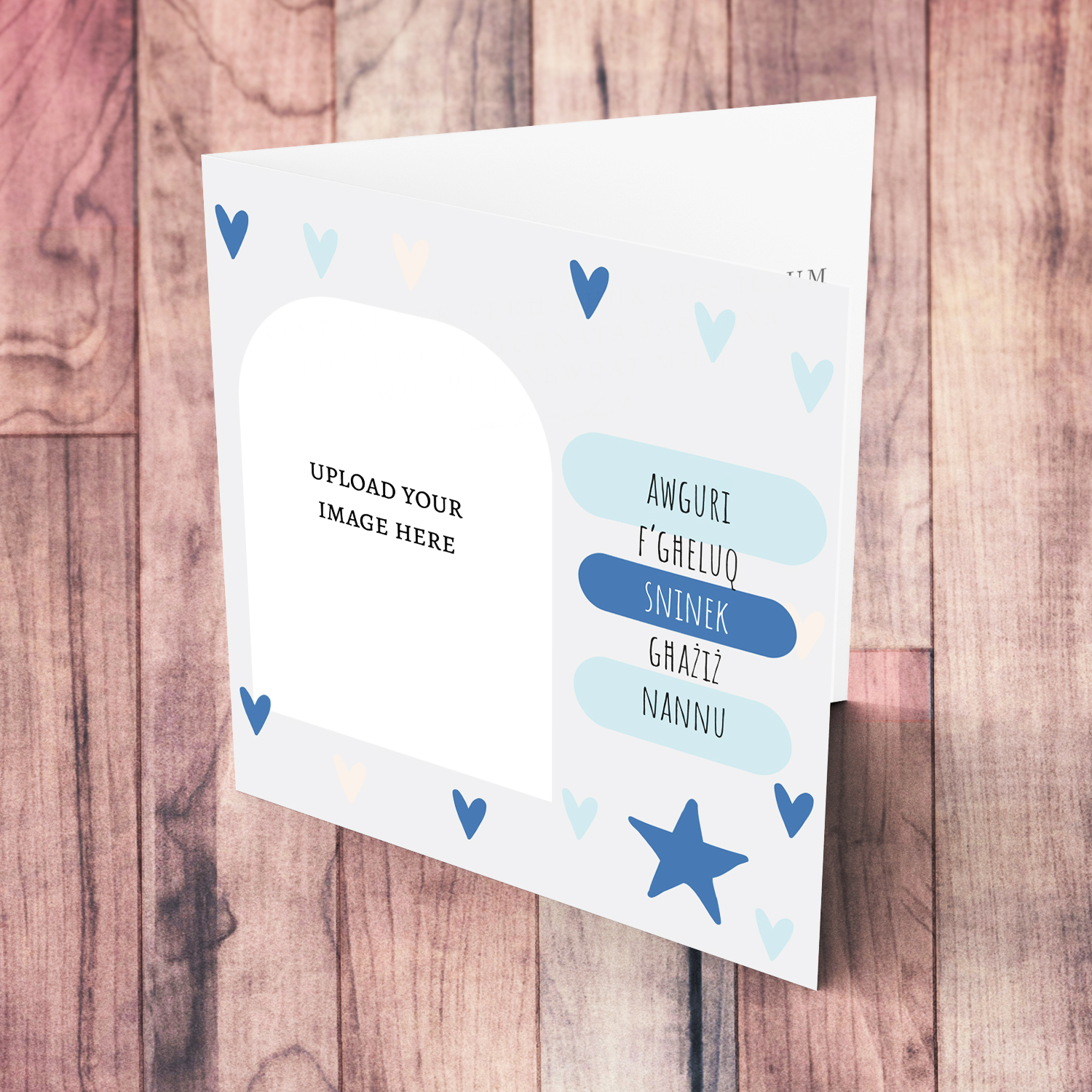A beautiful modern photo birthday card for nannu / grandpa in light grey background, scattered hearts in shades of blue in Maltese