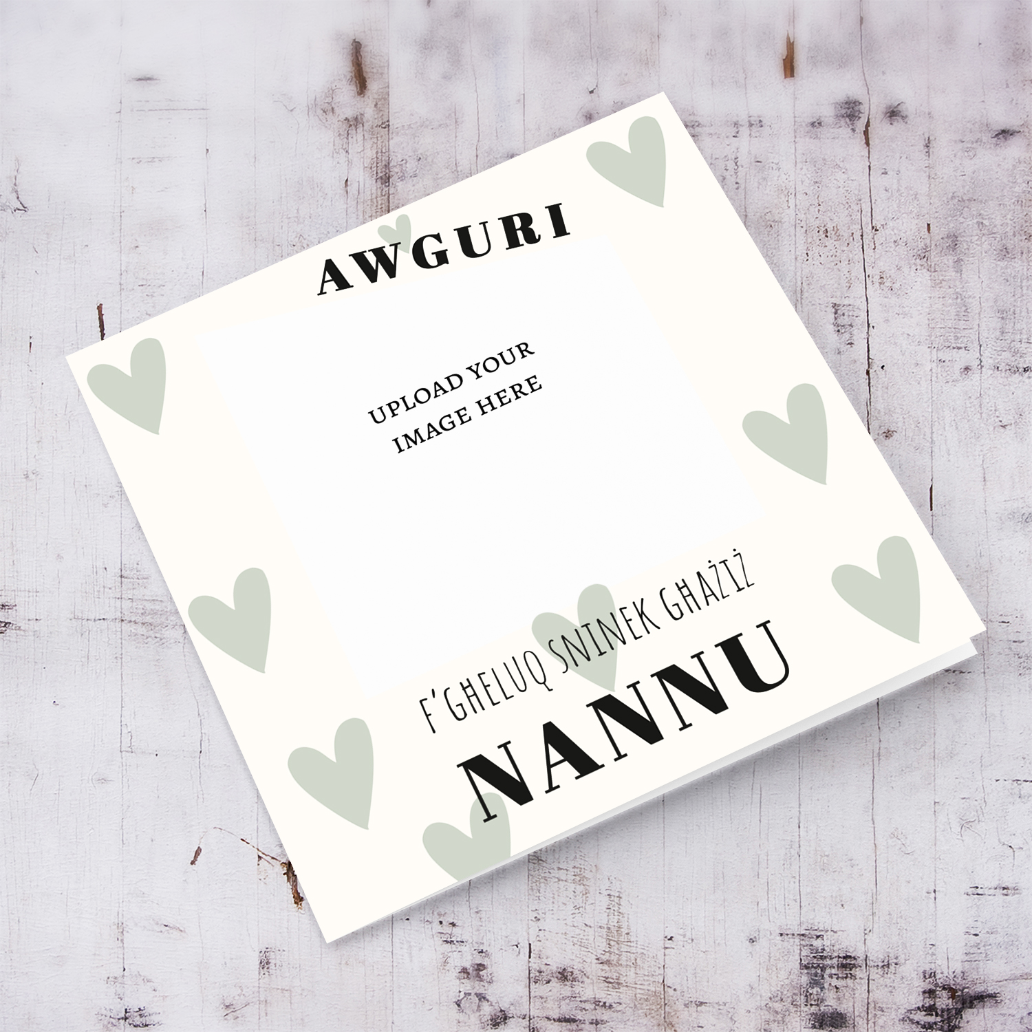 A photo birthday card for GRANDPA in a cream background with scattered pastel green hearts in Maltese