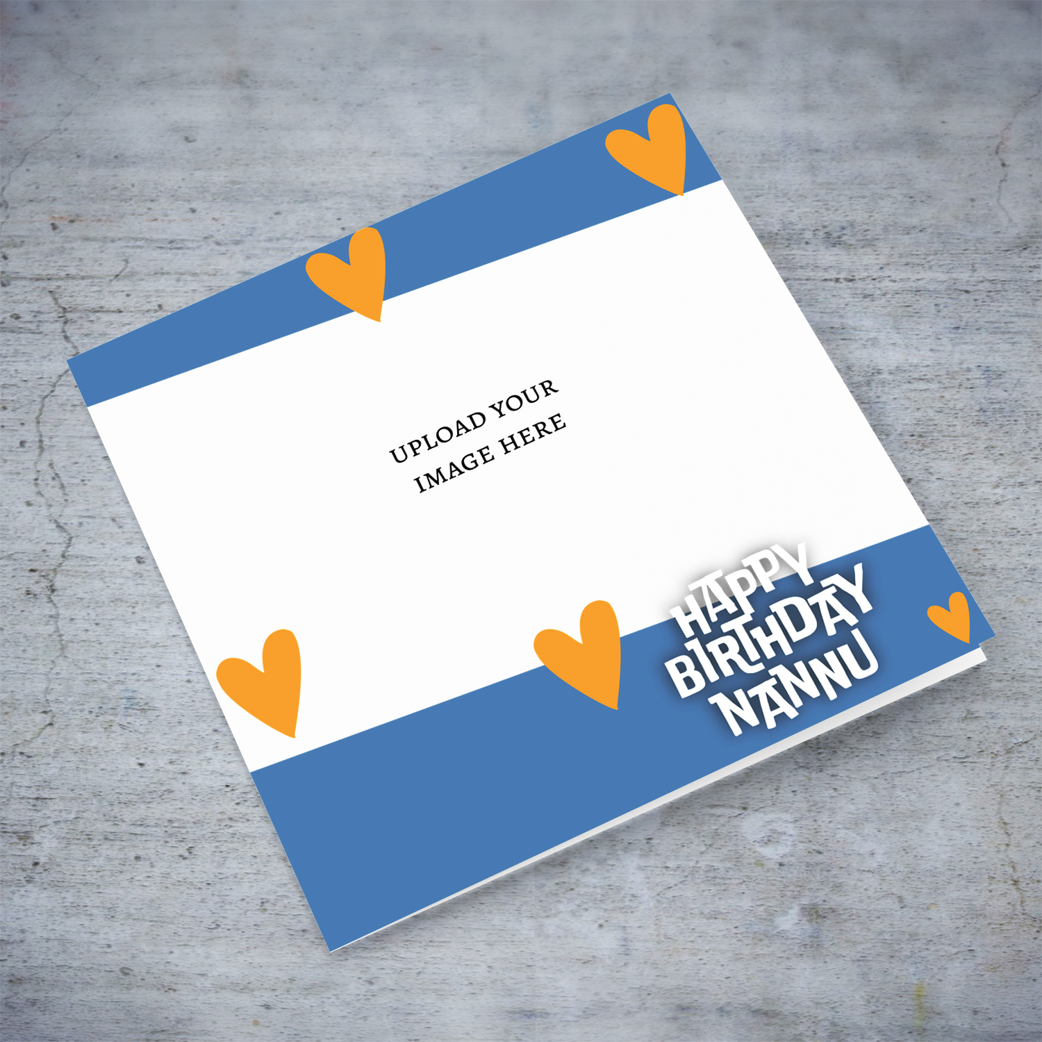 A photo birthday card for NANNU with touches of blue and orange scattered hearts in English