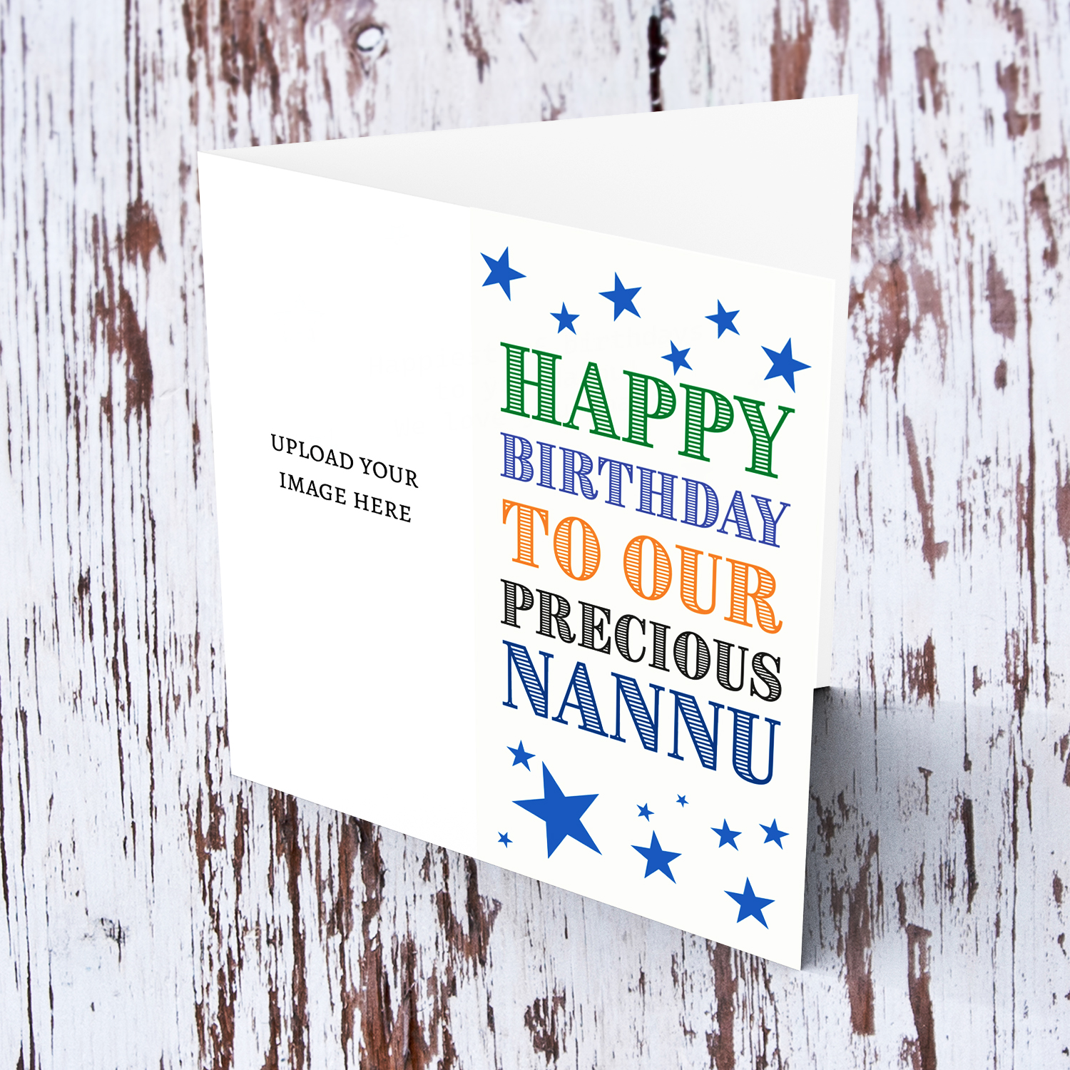 A portrait photo birthday card in colourful text for nannu with scattered blue stars in English 