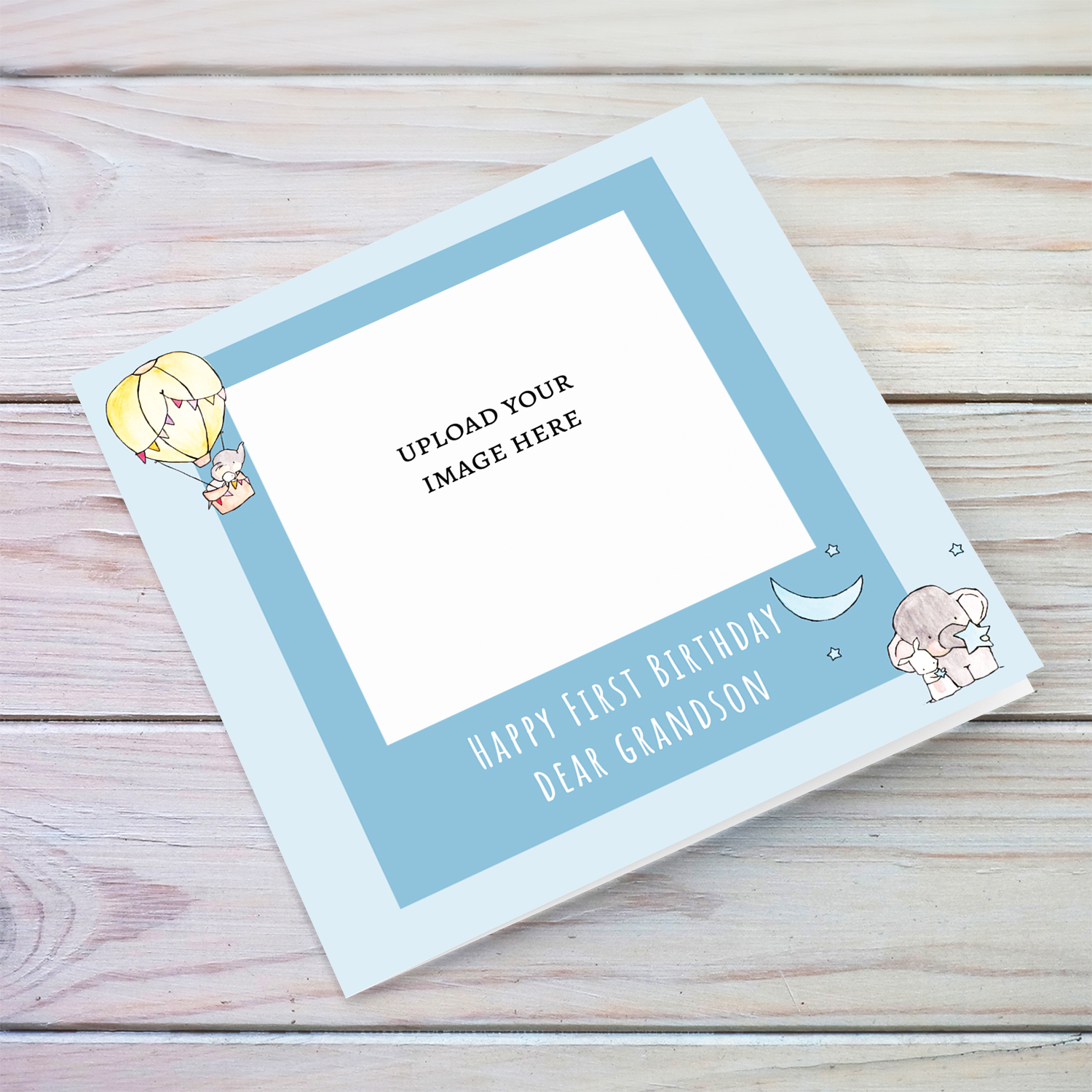 A photo birthday card for grandson's first birthday with cute elephants in shades of blue background in English