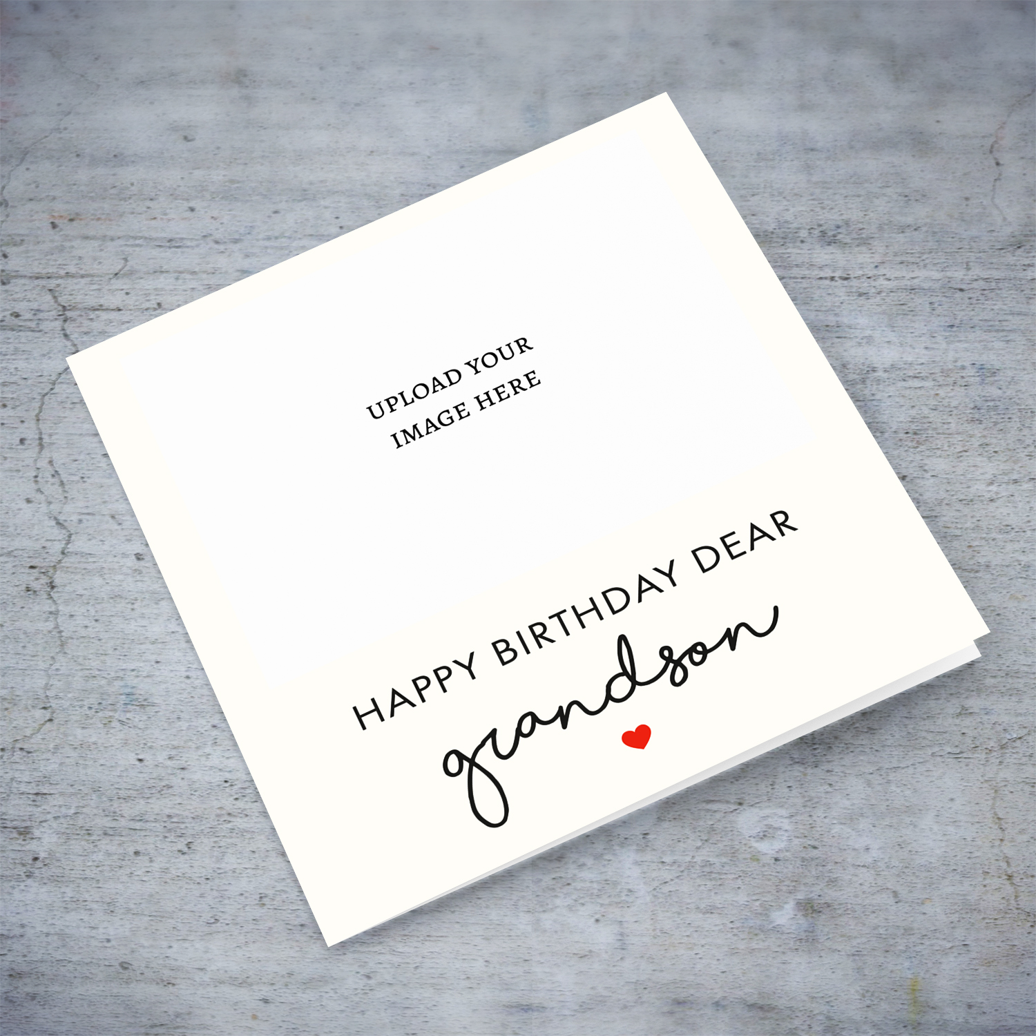 Minimalist photo birthday card for grandson with cream background and red heart in English
