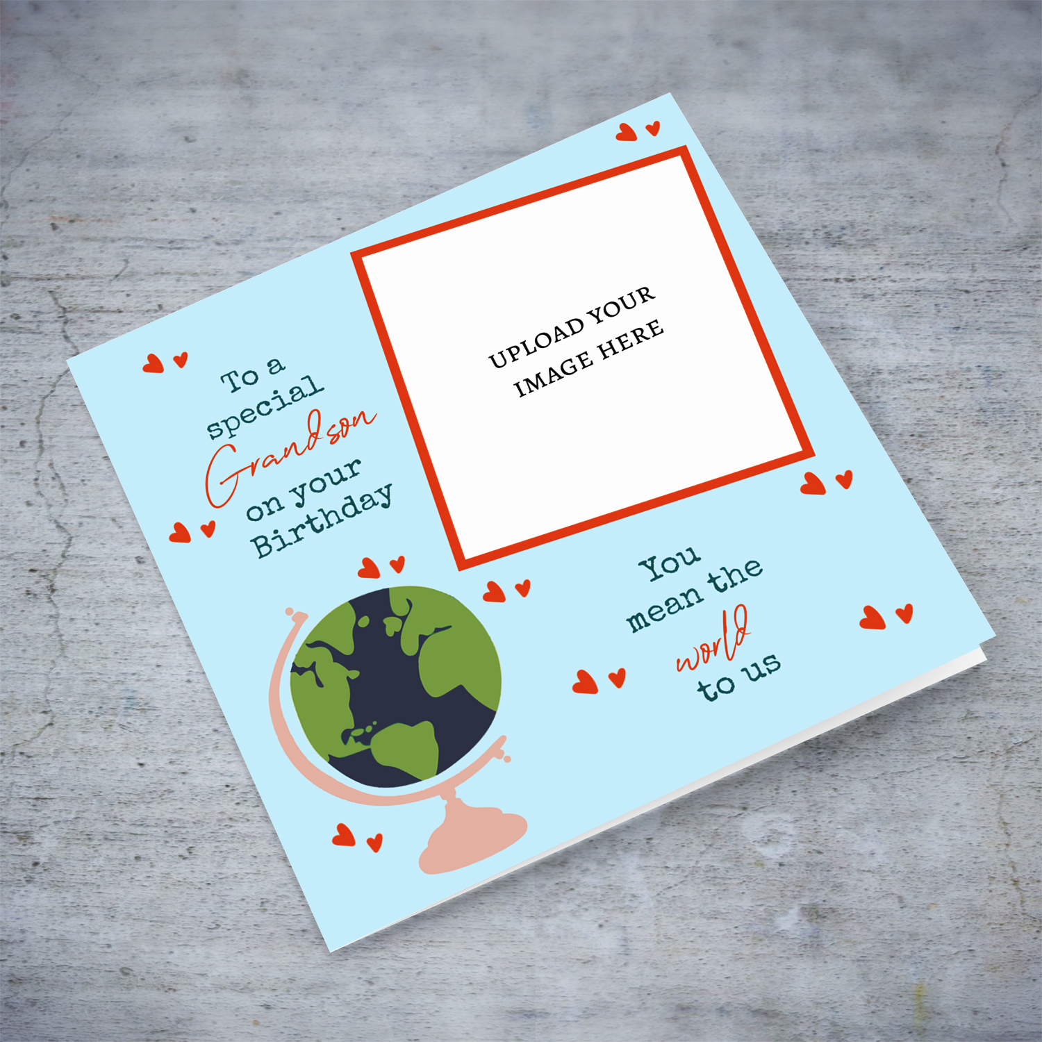 A beautiful photo card for Grandson - You mean the world to us - in light blue background, scattered hearts and a globe in English