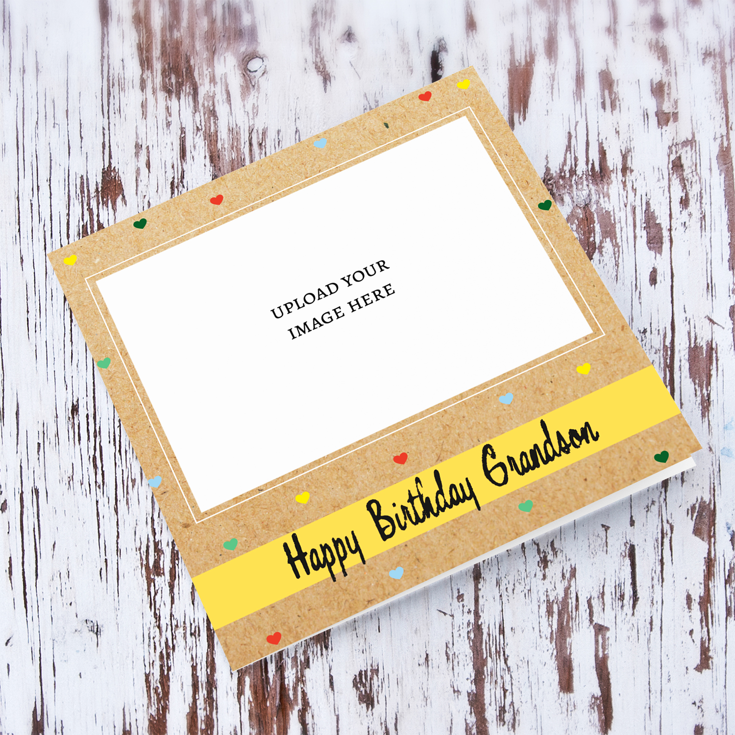 Photo birthday card for Grandson with colourful scattered hearts in English