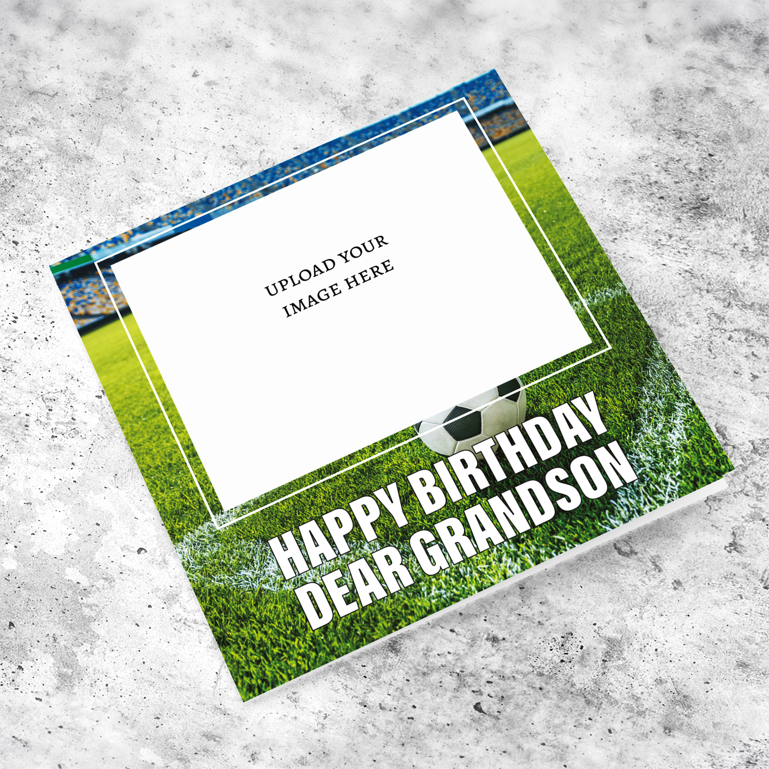 Football ground themed photo birthday card for Grandson in English