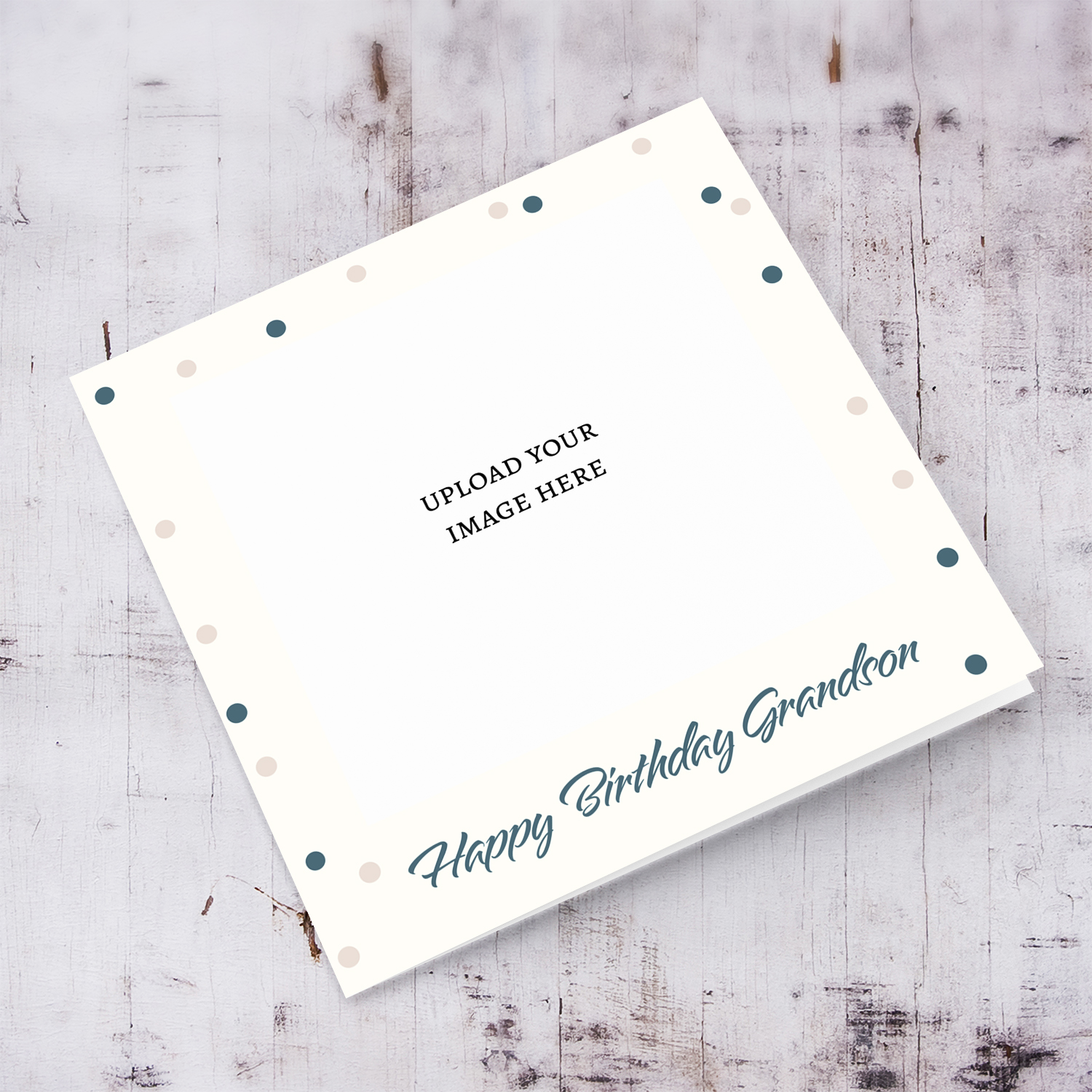 Photo birthday card for grandson in light cream coloured background and scattered dots in English