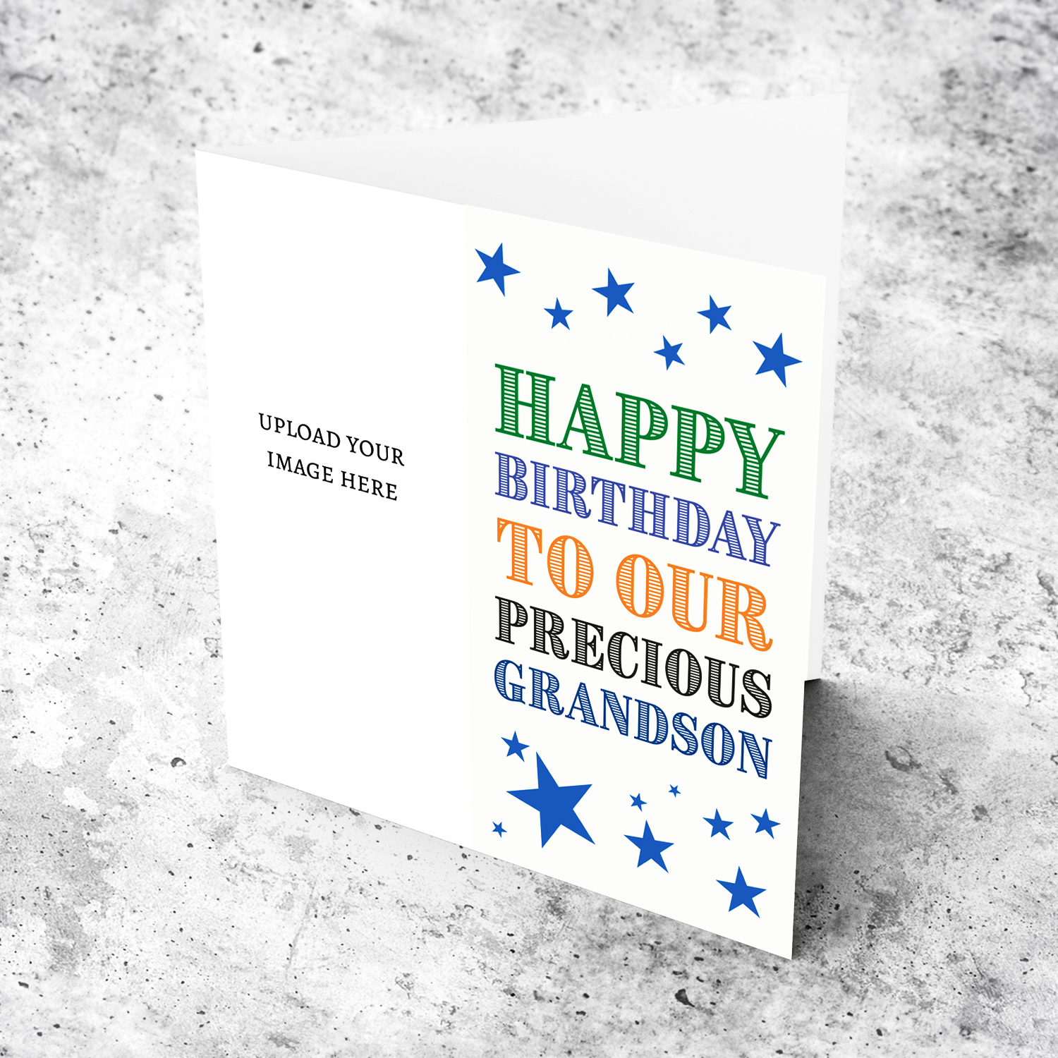A portrait photo birthday card in colourful text for grandson with scattered blue stars in English 