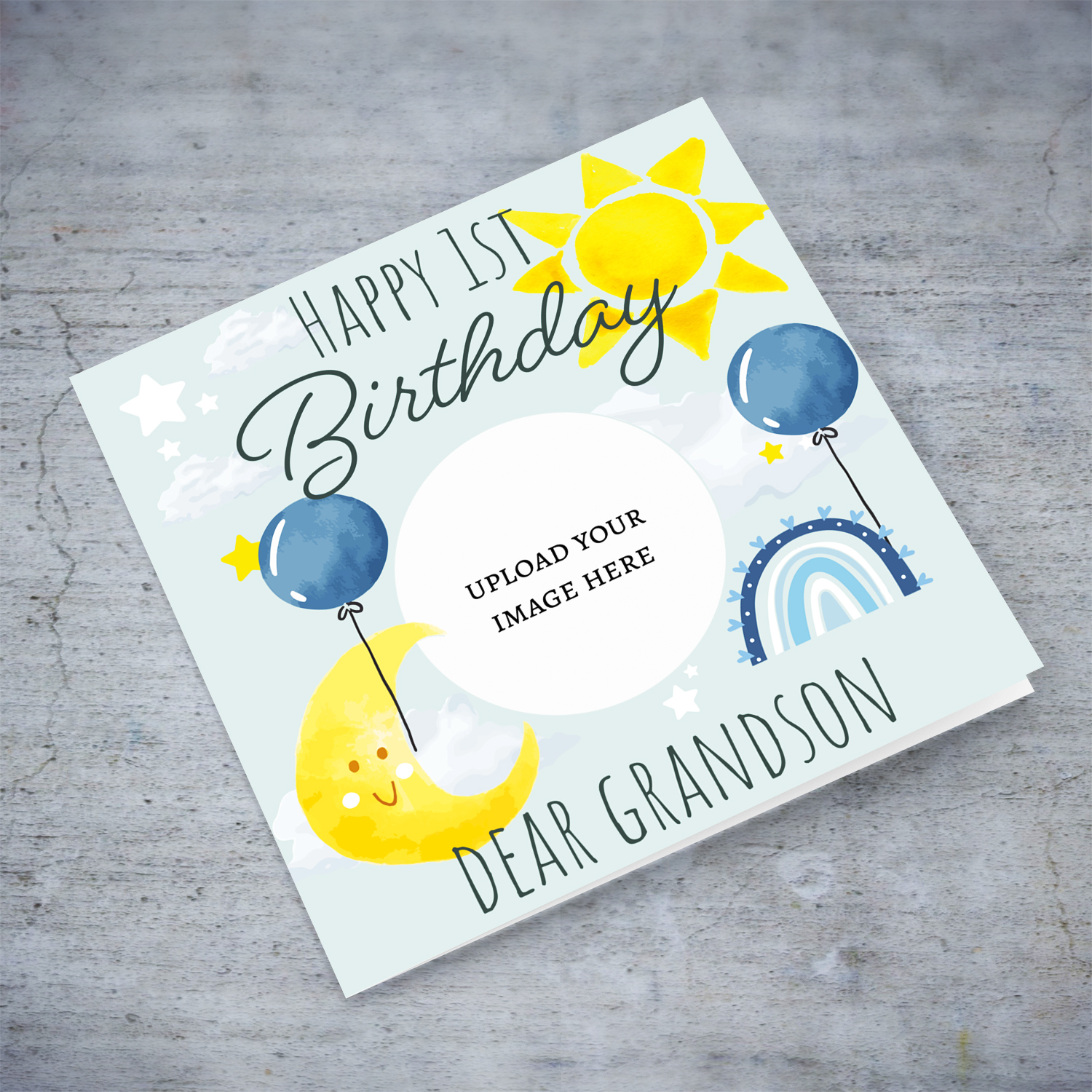 Circle shaped photo 1st birthday card for grandson with the moon, sun, blue balloons & rainbow in English