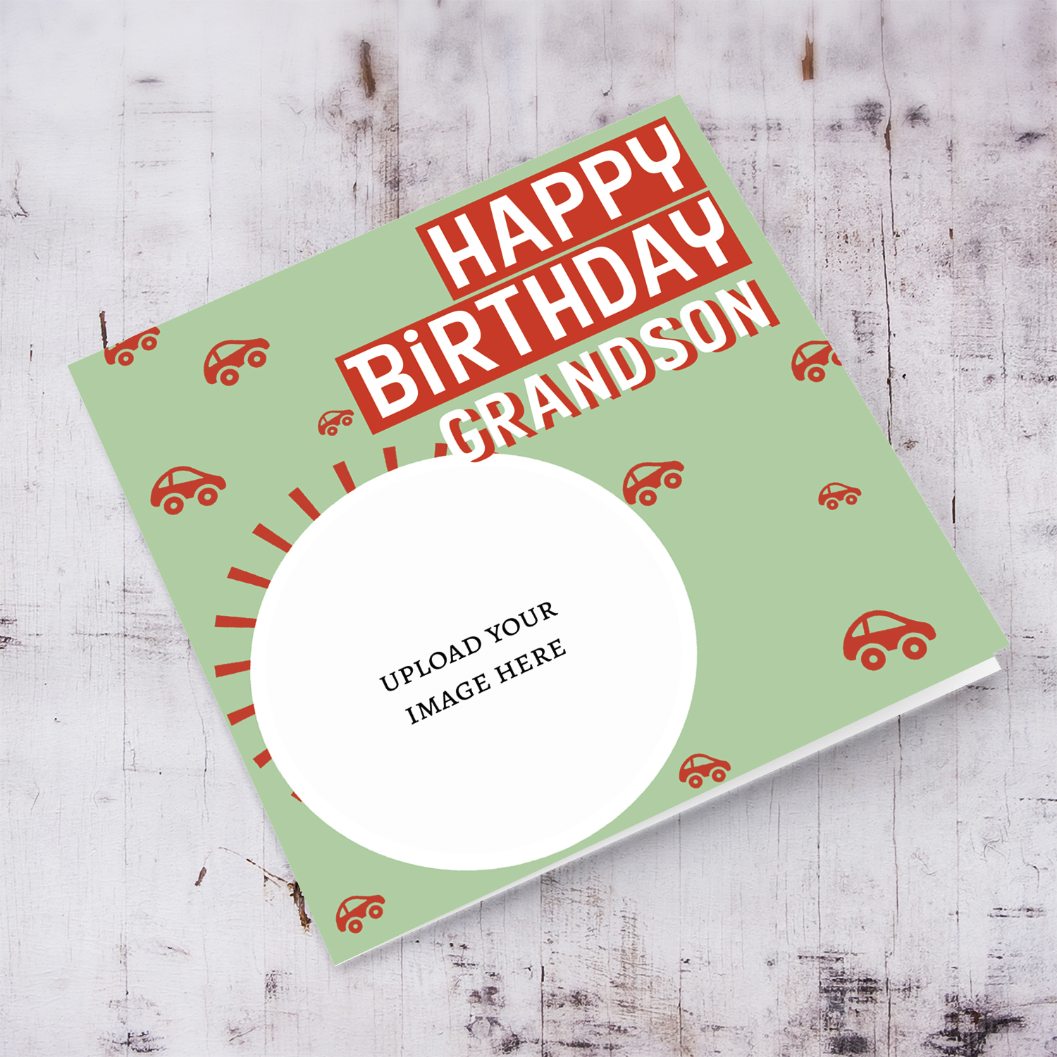 Happy Birthday Grandson circle photo card in green background with scattered cars in English