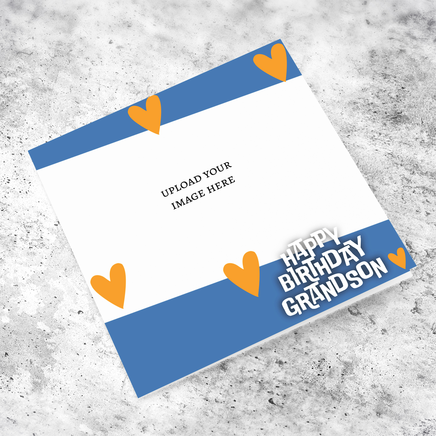 A photo birthday card for Grandson with touches of blue and orange scattered hearts in English