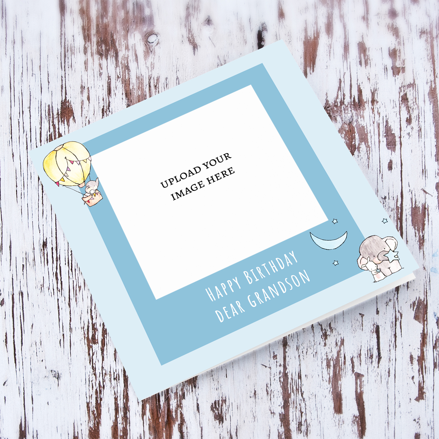 A photo birthday card for grandson's birthday with cute elephants in shades of blue background in English
