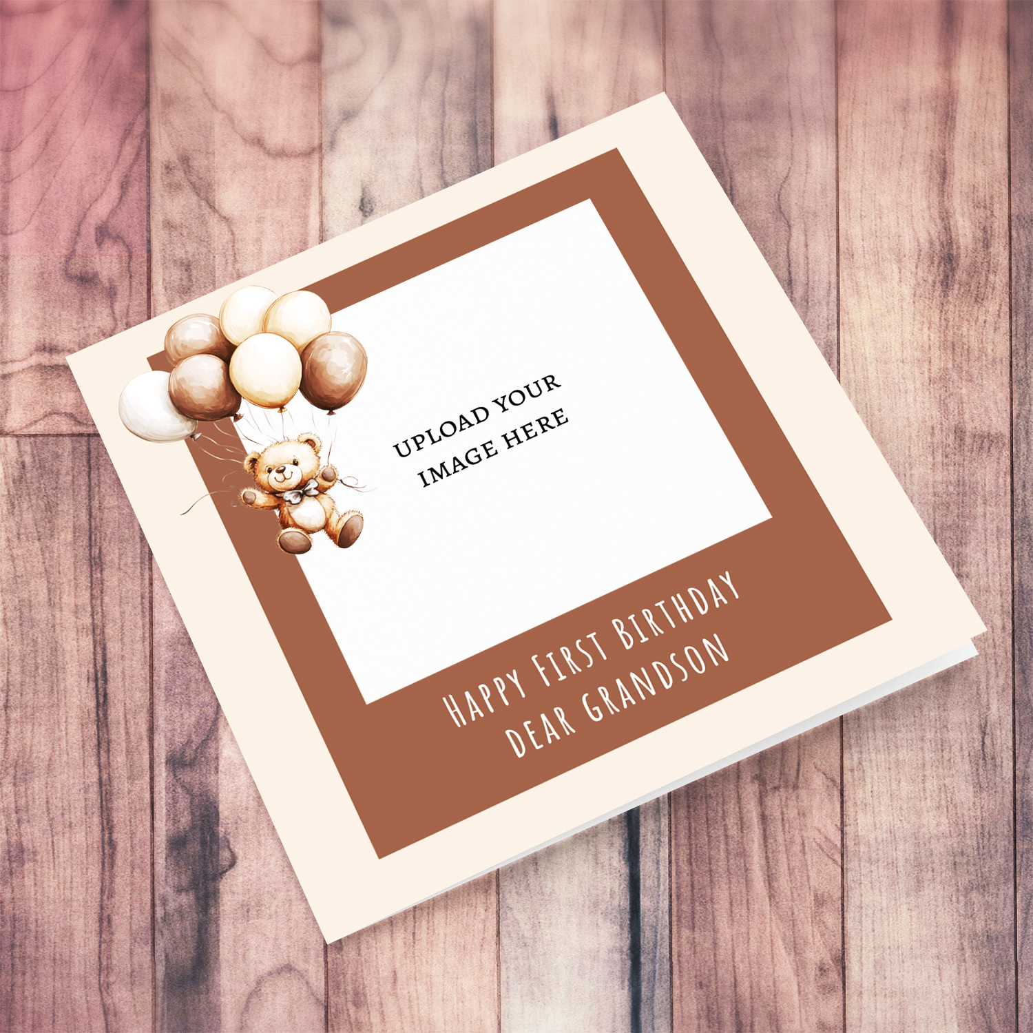 A cute bear themed first birthday card for grandson in a neutral background in English