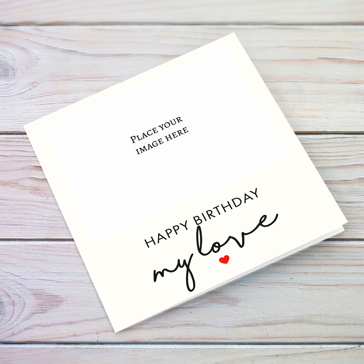 Minimalist photo birthday card for boyfriend / girlfriend / wife / husband / partner with cream background and red heart in English