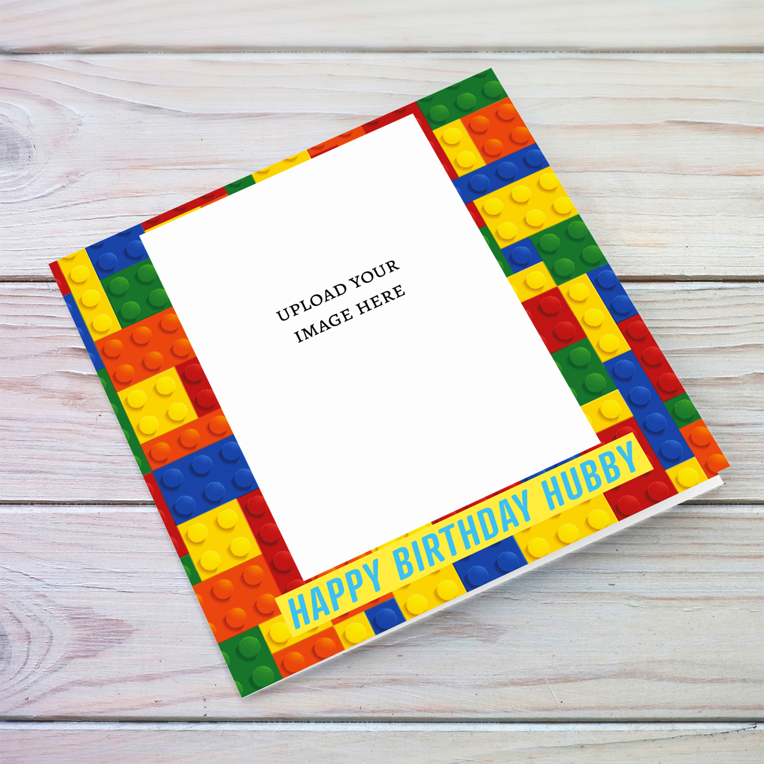 Colourful blocks themed photo birthday card for Husband in English