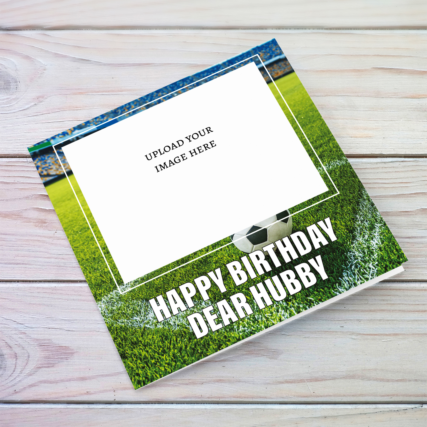 Football ground themed photo birthday card for Husband in English