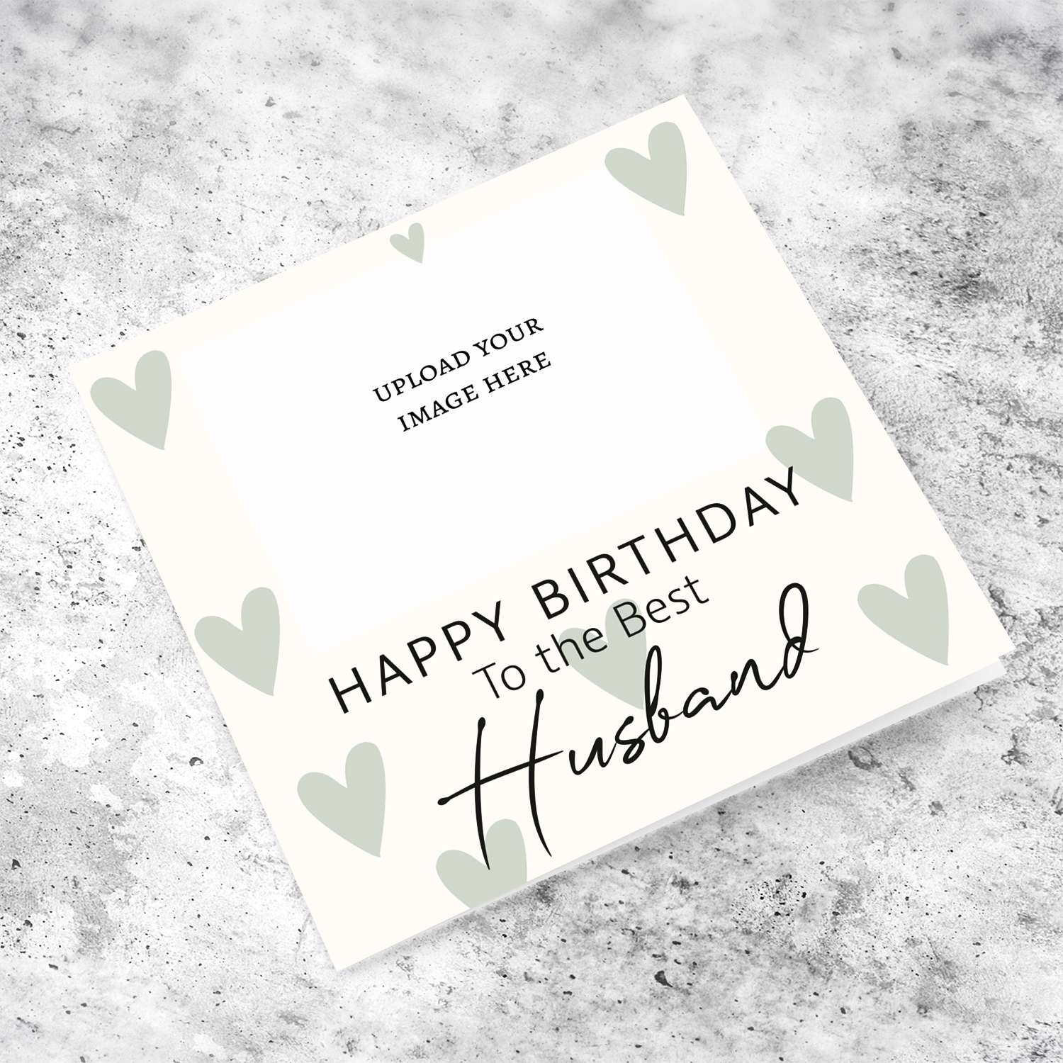A minimalist photo birthday card for husband, in cream background and scattered pastel green hearts in English