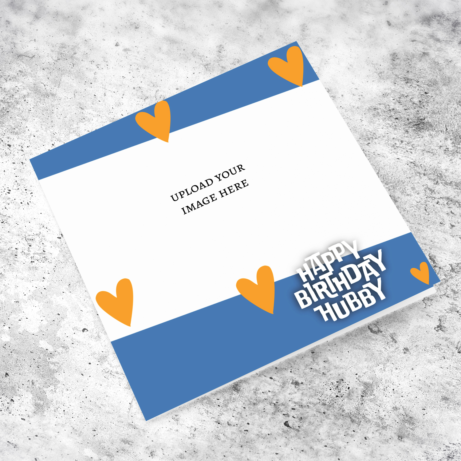 A photo birthday card for HUBBY / HUSBAND with touches of blue and orange scattered hearts in English