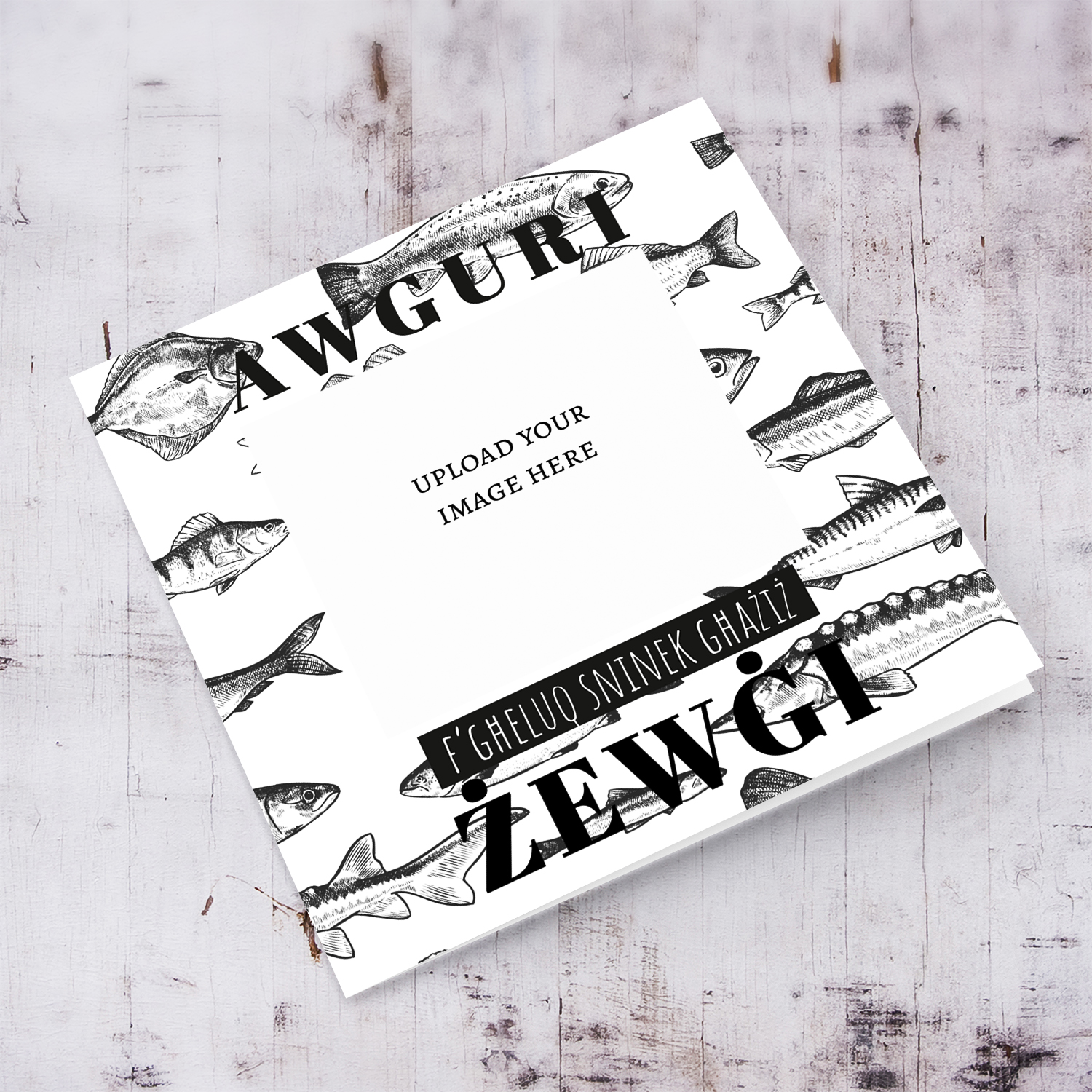 A monochrome fish themed birthday card for husband in Maltese