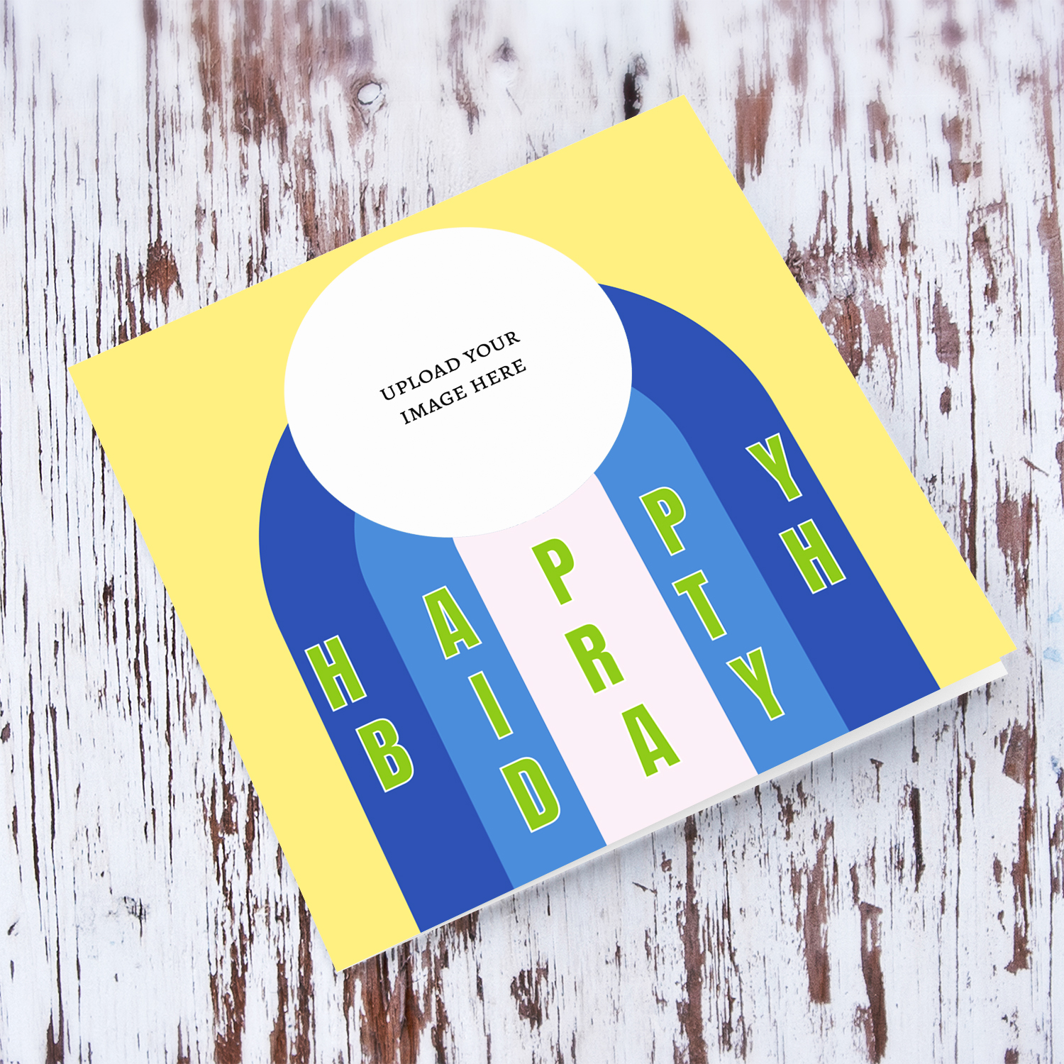 Photo birthday card with shades of blue and green text in English