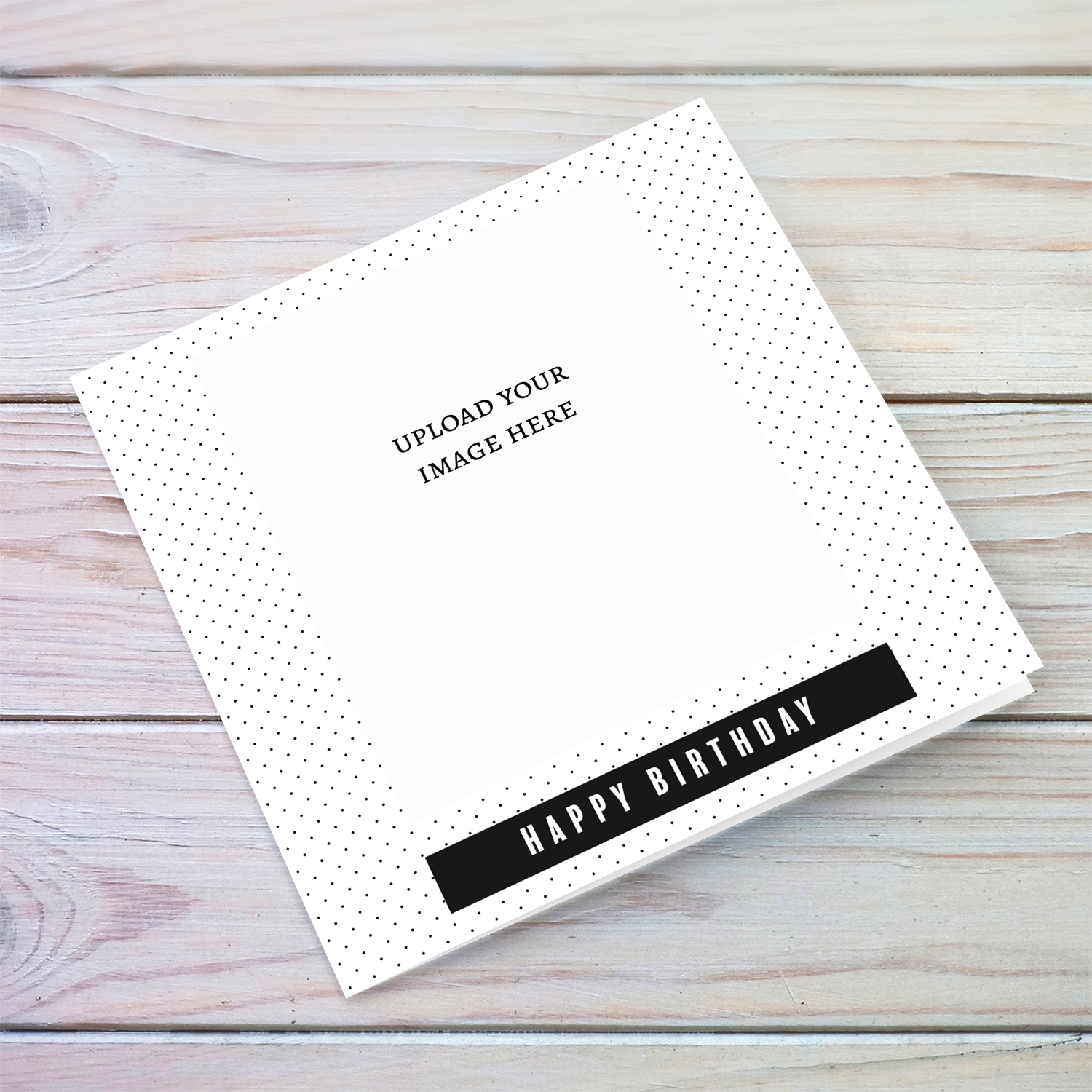 Monochrome photo birthday card (open) in plain spotted background and black touch & white text in English